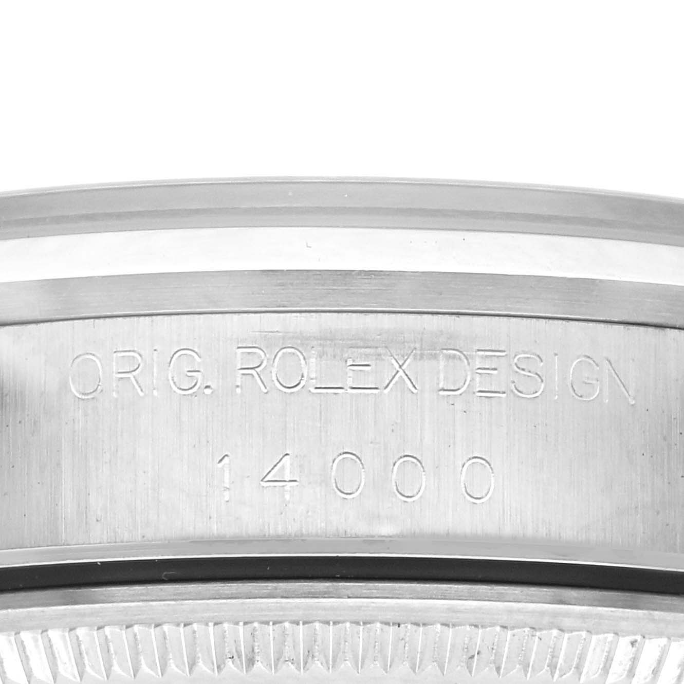 The image shows a close-up of the side of a Rolex Air-King 14000 Men's Stainless Steel Blue Dial 14000 Men's Stainless Steel Blue Dial watch case, highlighting the engraved model number and design details.