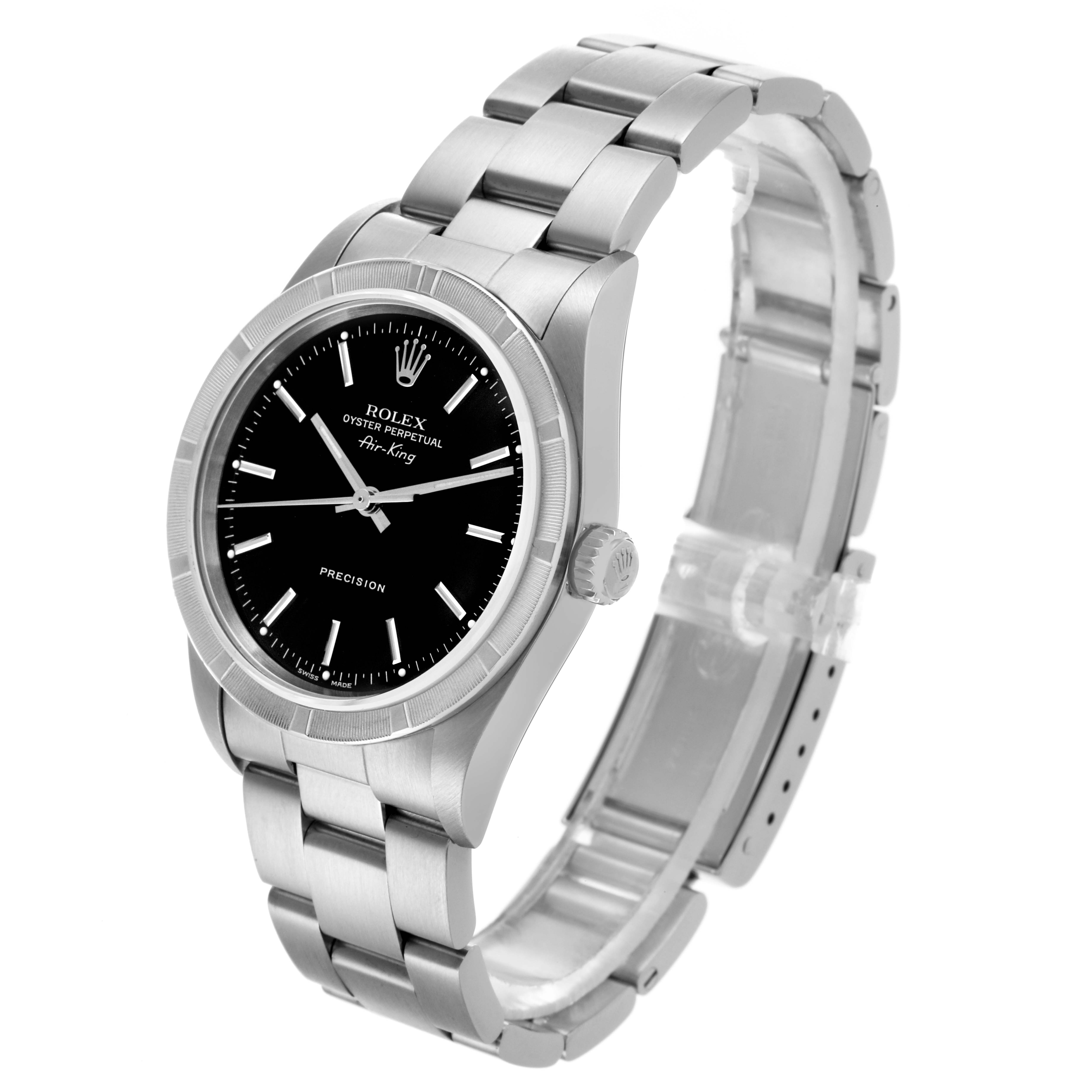 The Rolex Air-King 14010 Men's Stainless Steel Black Dial 14010 Men's Stainless Steel Black Dial watch is shown at an angle, displaying the face, bezel, crown, and part of the bracelet.