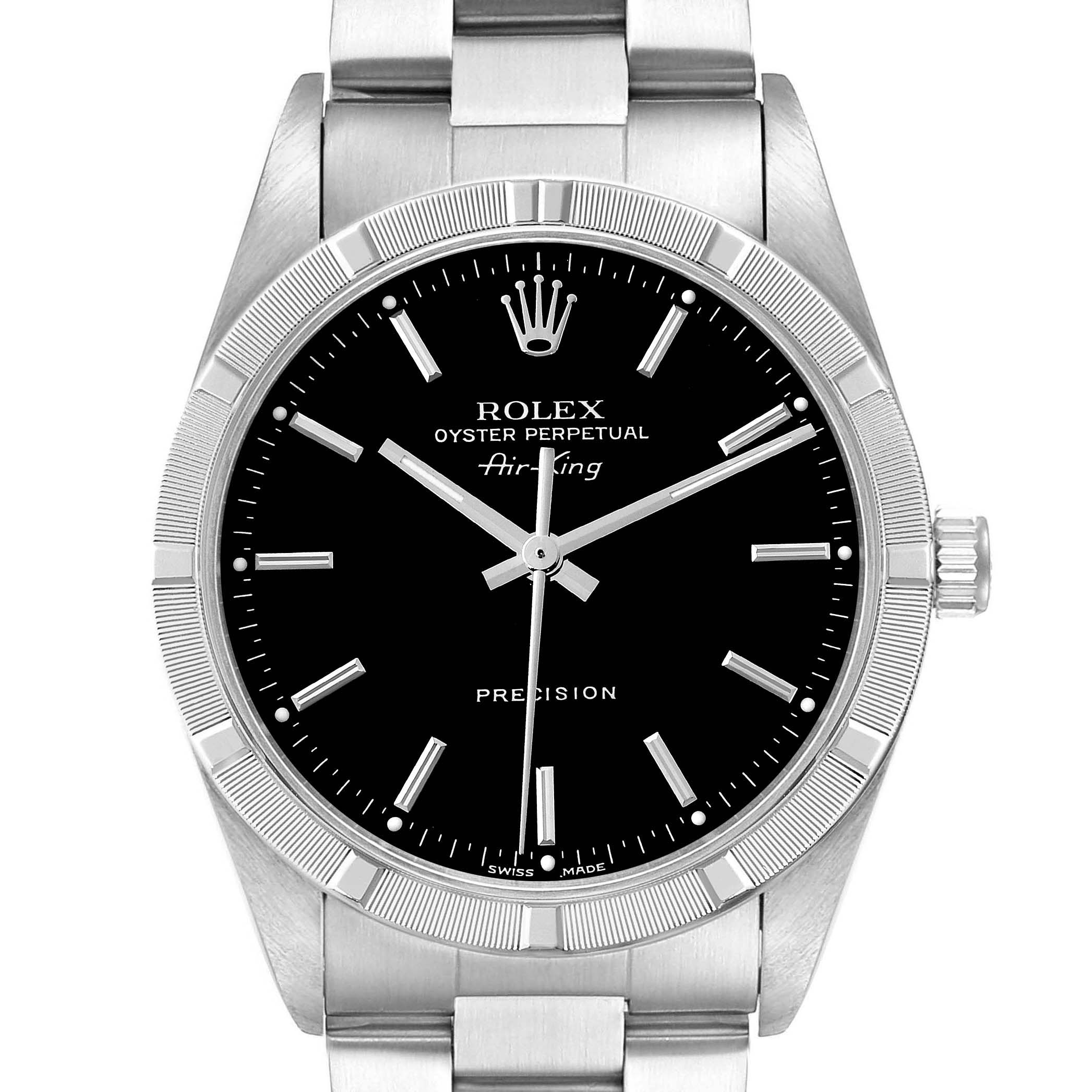 The Rolex Air-King 14010 Men's Stainless Steel Black Dial 14010 Men's Stainless Steel Black Dial watch is shown from the front, displaying the dial, crown, bezel, and part of the bracelet.