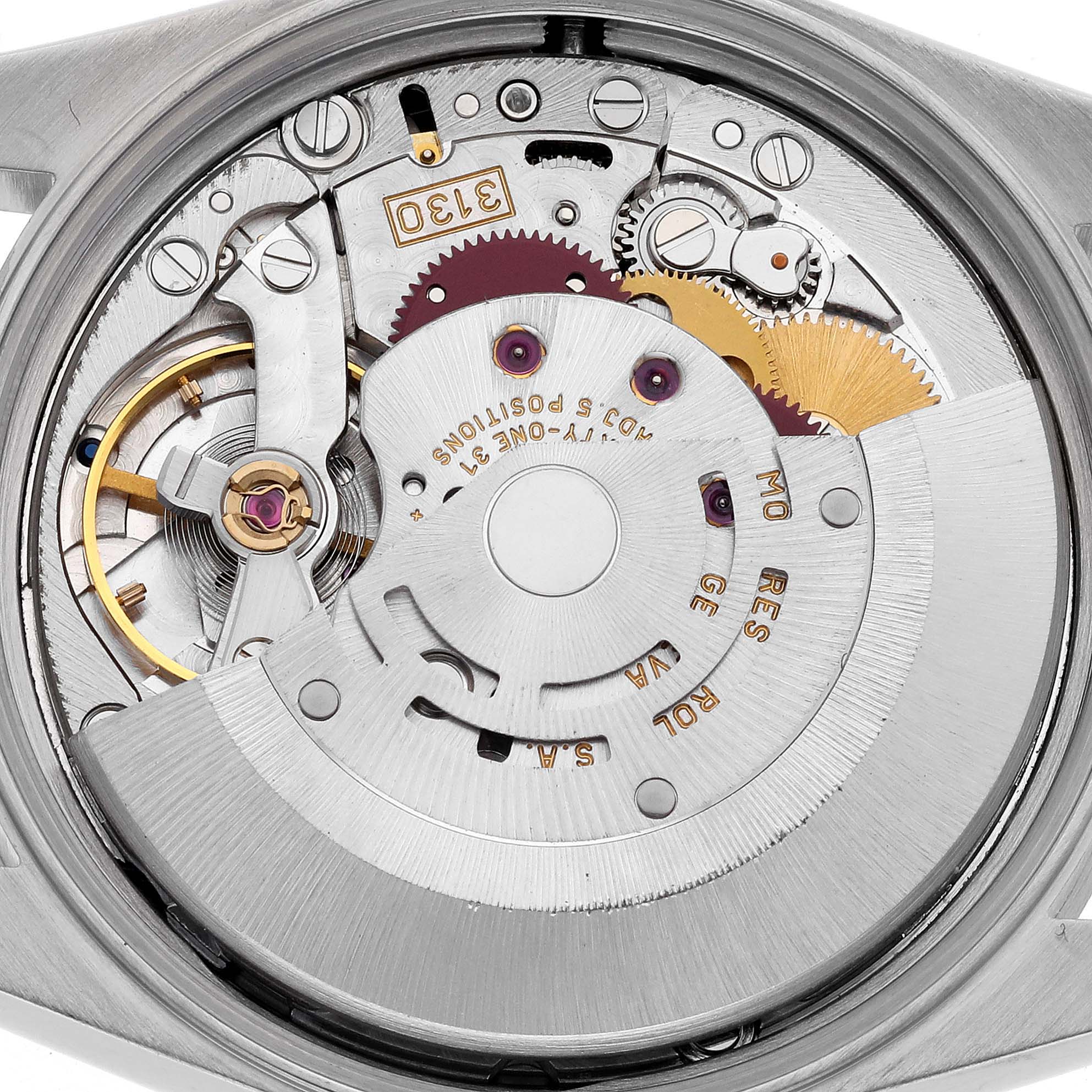 The image shows the movement and internal mechanics of a Rolex Air-King 14010 Men's Stainless Steel Black Dial 14010 Men's Stainless Steel Black Dial watch from the back angle.