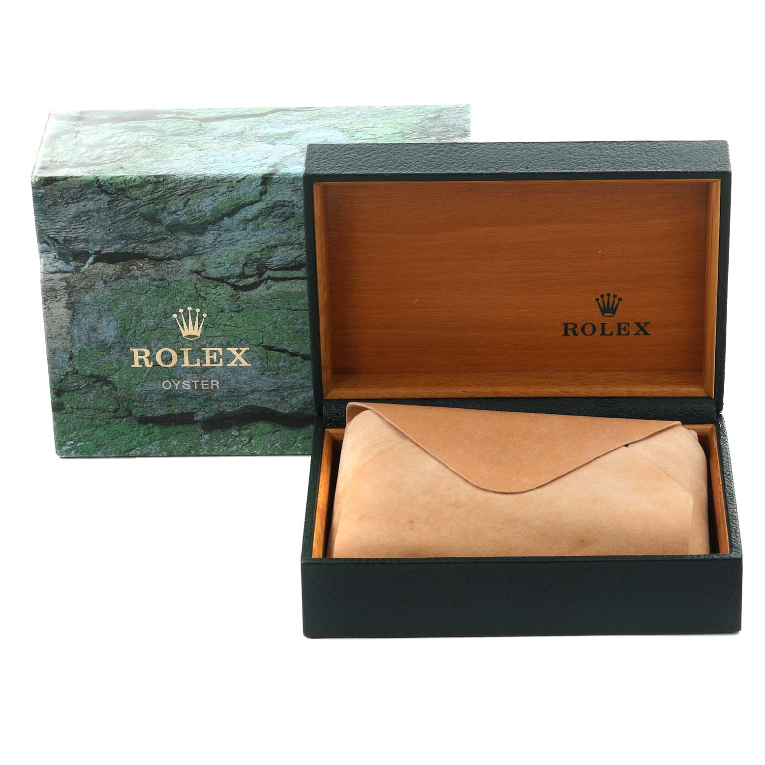 The image shows a Rolex Air-King 14010 Men's Stainless Steel Black Dial 14010 Men's Stainless Steel Black Dial watch box, including the outer box and open inner wooden case with a pouch.