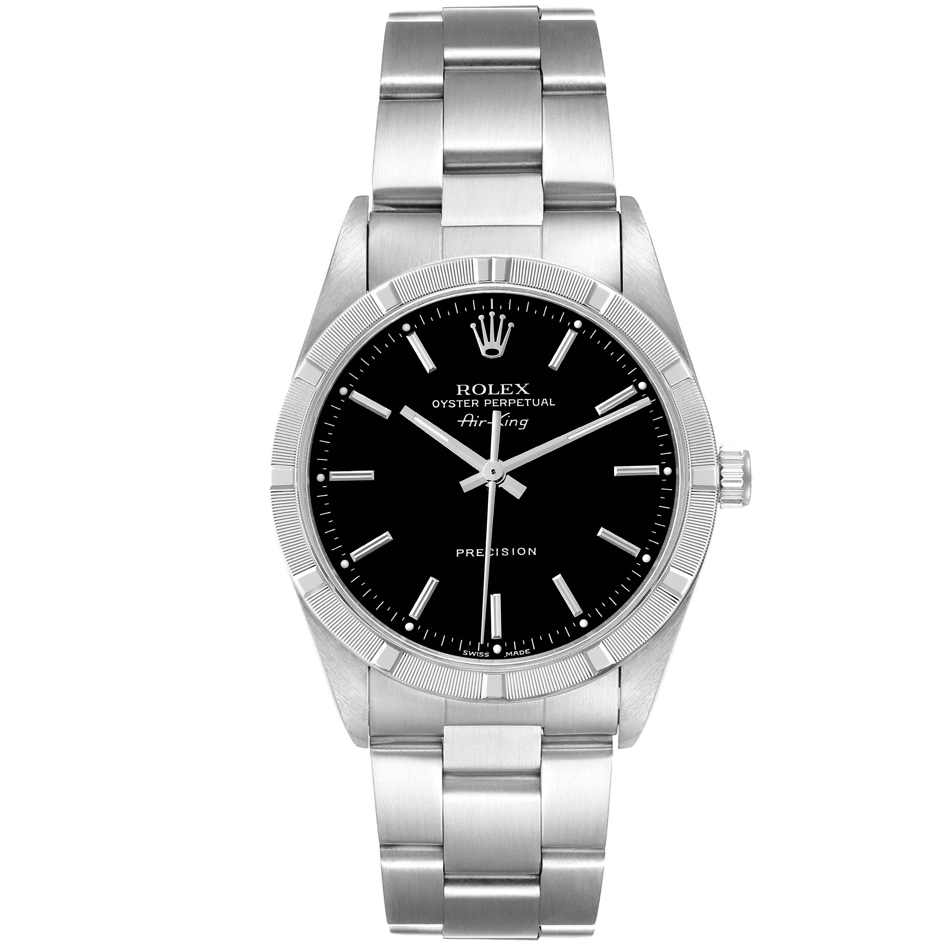 The Rolex Air-King 14010 Men's Stainless Steel Black Dial 14010 Men's Stainless Steel Black Dial watch is shown from a front angle, displaying its face, bezel, bracelet, and crown.