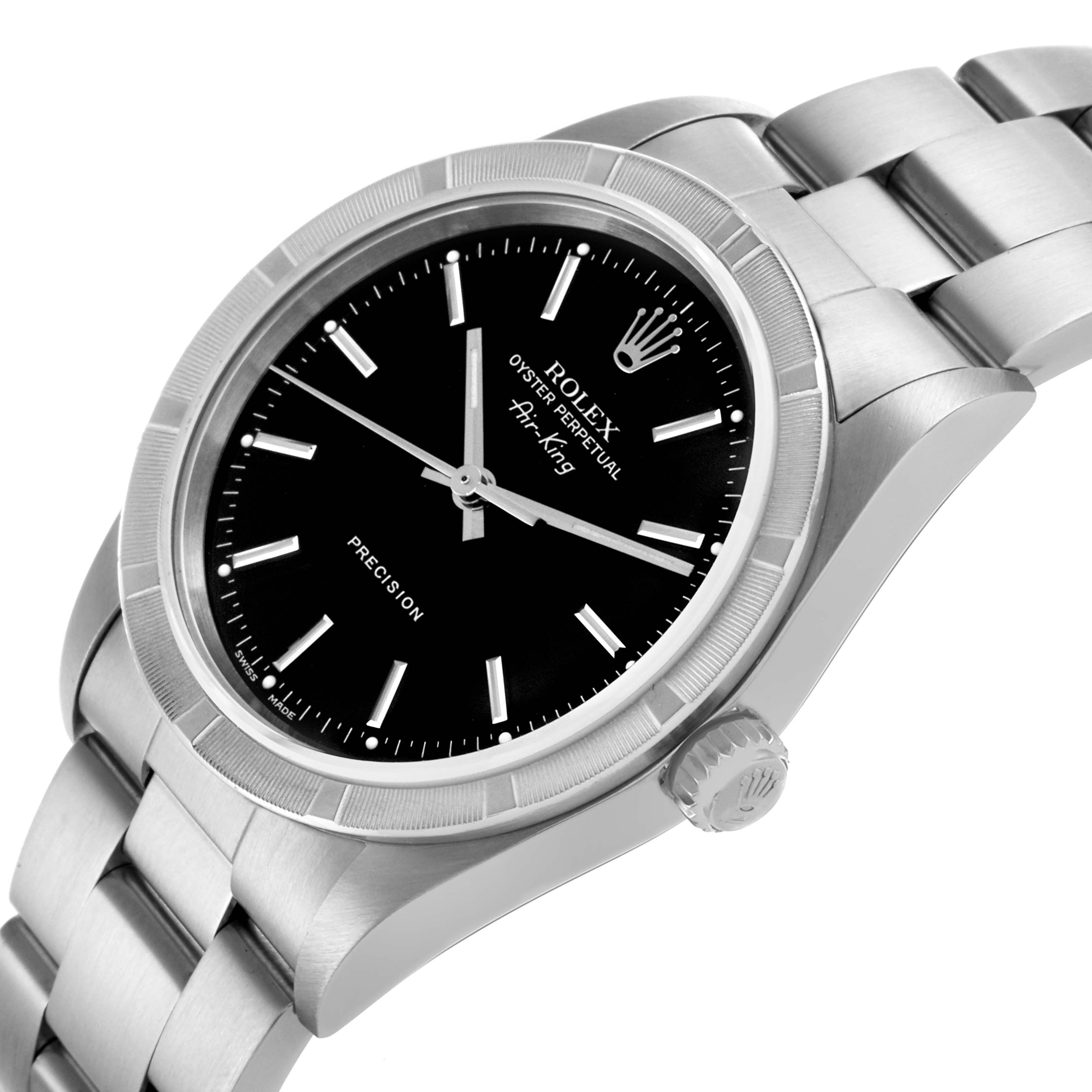 The image shows a Rolex Air-King 14010 Men's Stainless Steel Black Dial 14010 Men's Stainless Steel Black Dial watch from a slight side angle, highlighting the black dial, bezel, crown, and bracelet.