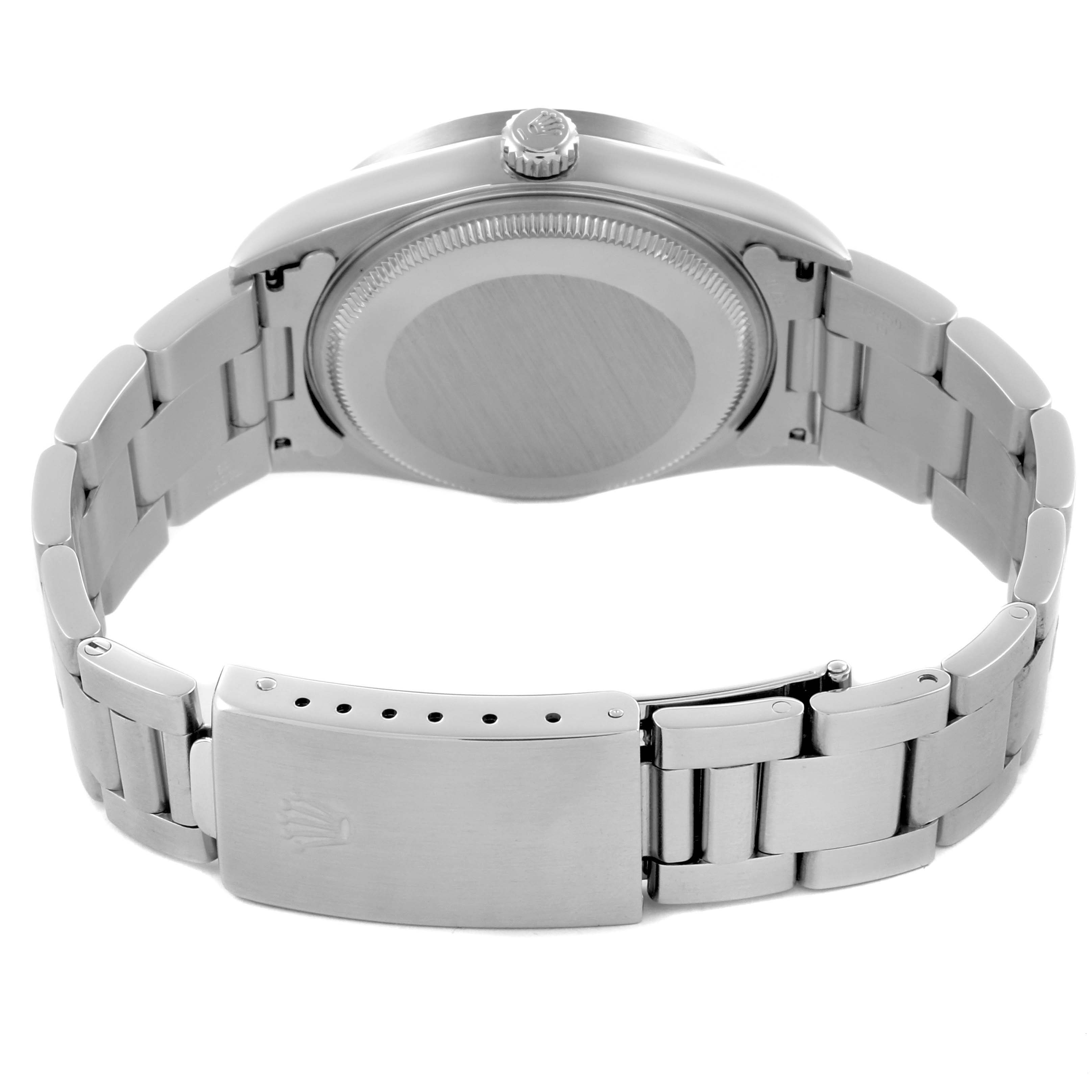 The image shows the back side of the Rolex Air-King 14010 Men's Stainless Steel Black Dial 14010 Men's Stainless Steel Black Dial watch, highlighting the clasp, bracelet, and case back.