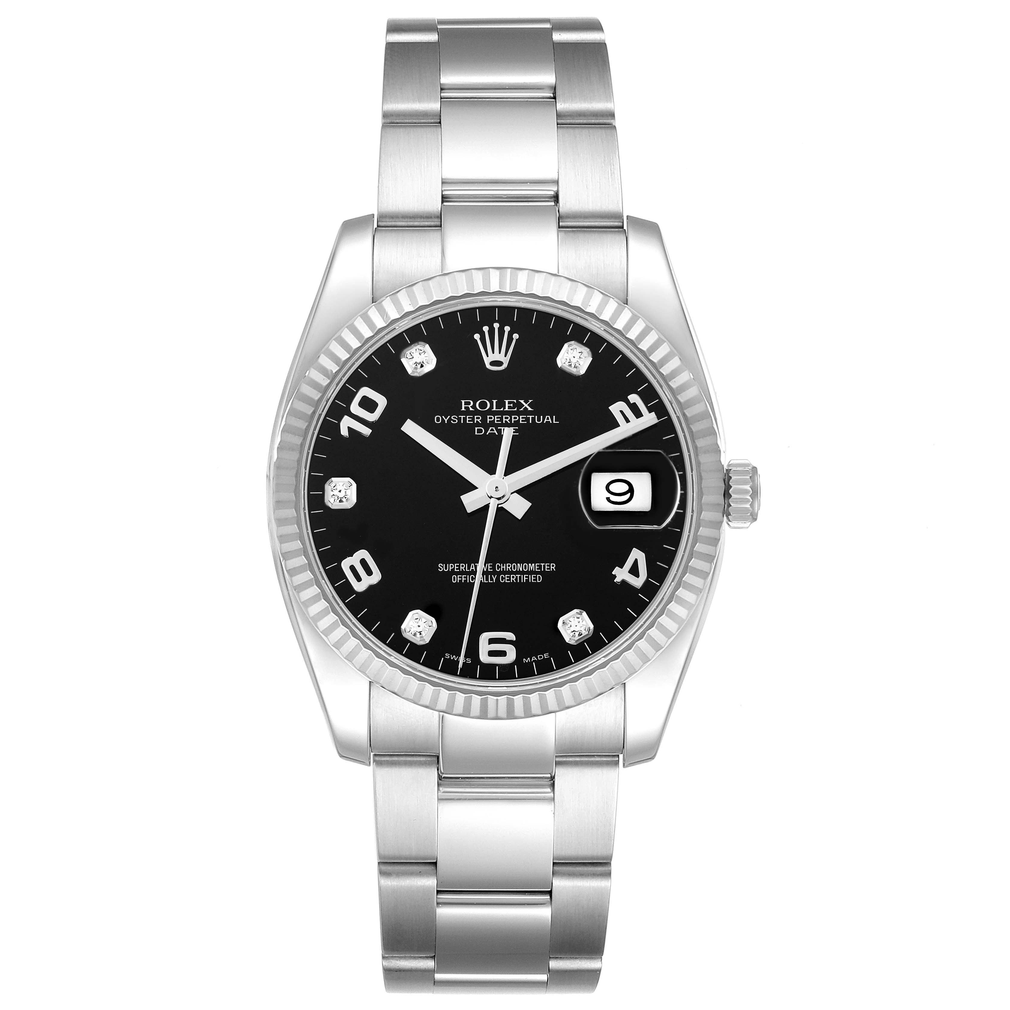 The image shows a front view of a Rolex Date 115234 Men's Stainless Steel Black Dial 115234 Men's Stainless Steel Black Dial model watch, displaying the bracelet, bezel, dial, hands, and date window.