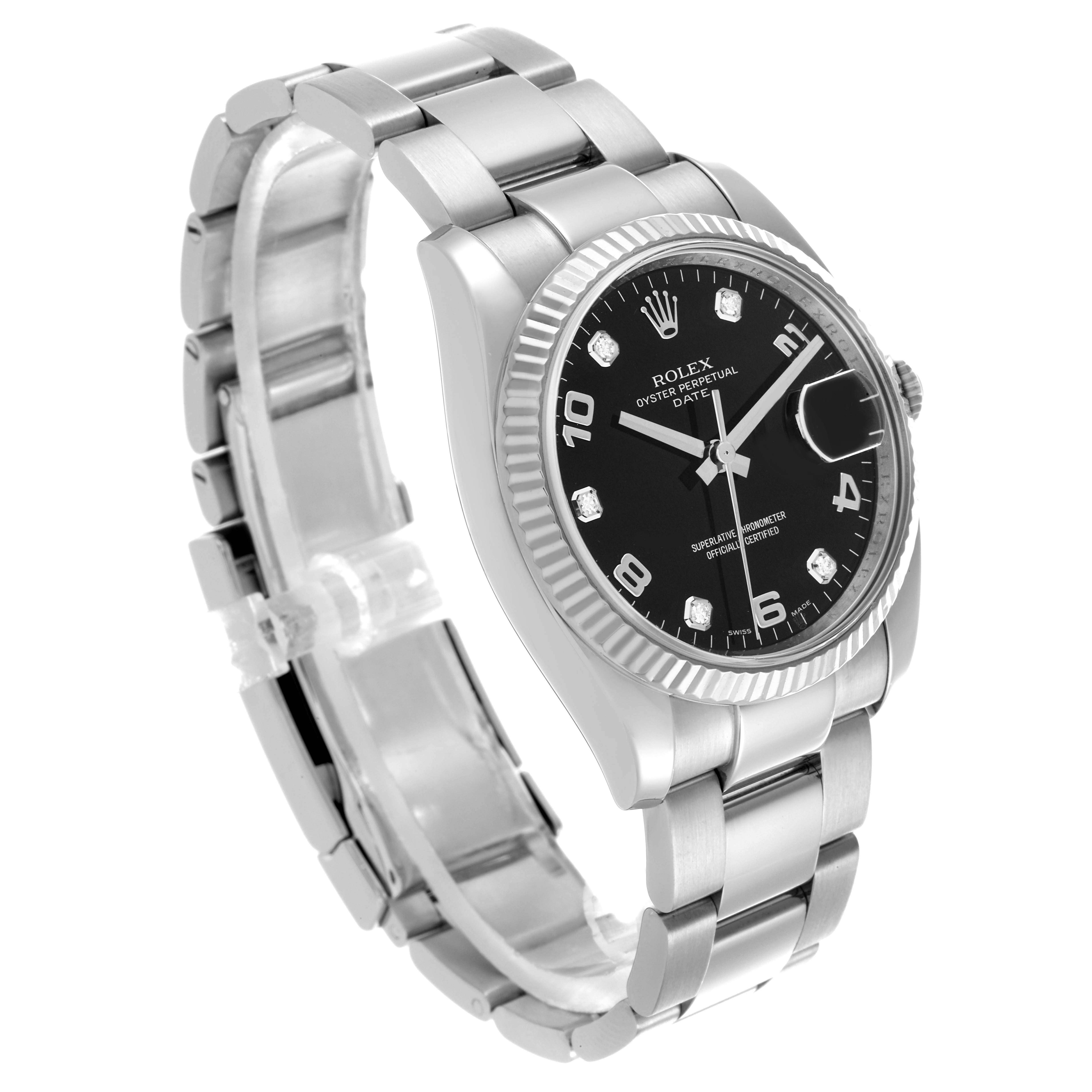 The Rolex Date 115234 Men's Stainless Steel Black Dial 115234 Men's Stainless Steel Black Dial model watch is shown at a three-quarter angle, highlighting the face, bezel, and full bracelet.