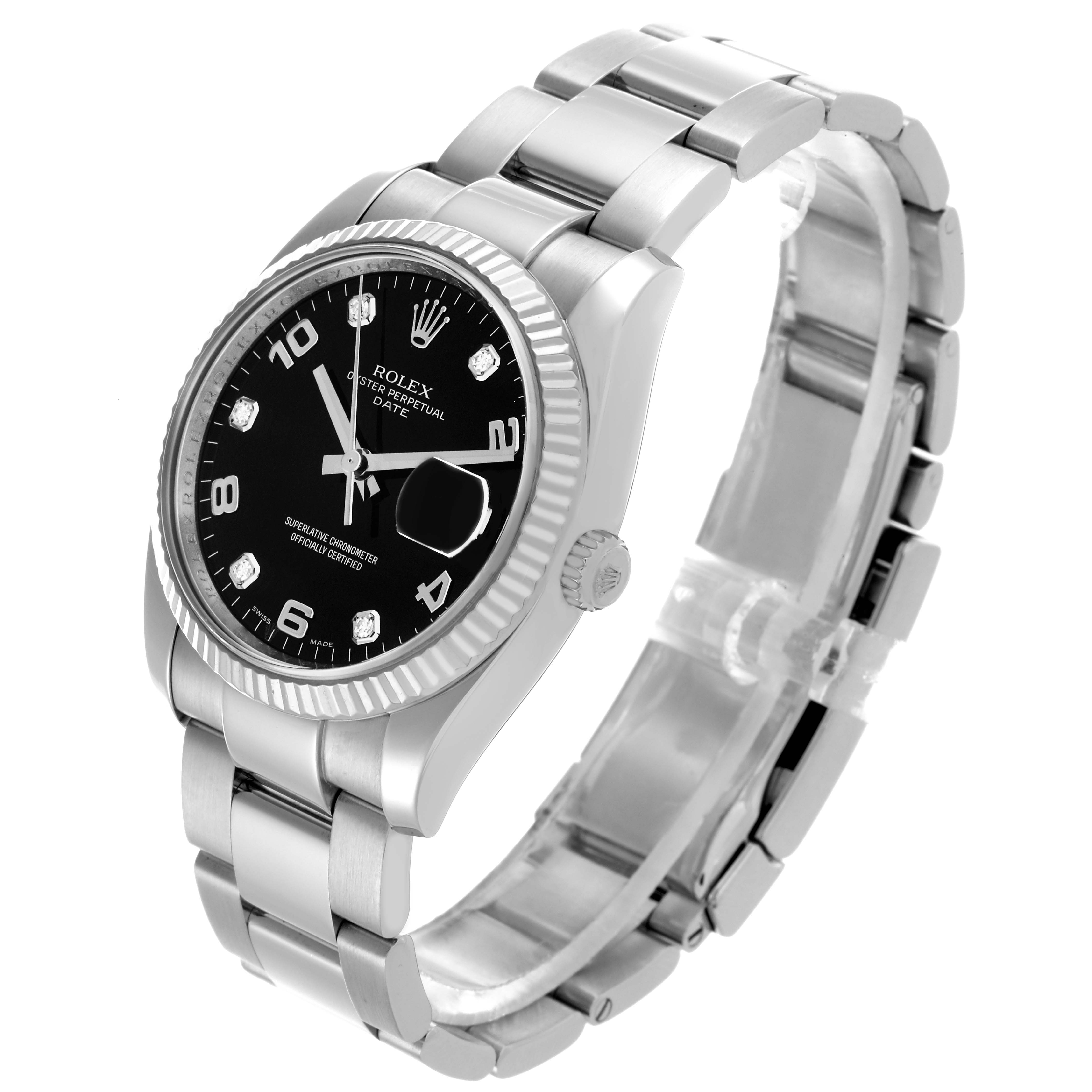 The Rolex Date 115234 Men's Stainless Steel Black Dial 115234 Men's Stainless Steel Black Dial model is shown at a three-quarter angle, highlighting the watch face, bezel, and bracelet.