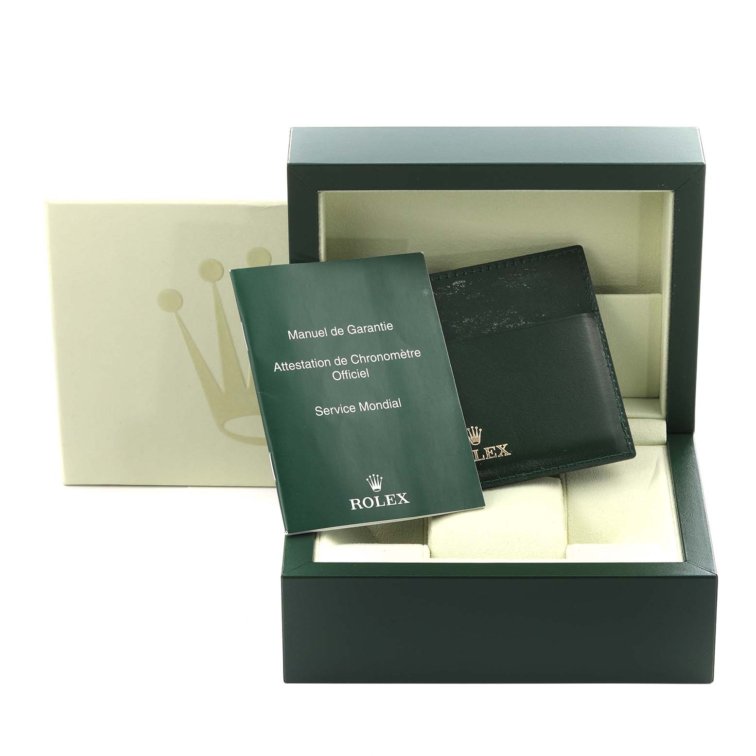 The image shows a Rolex Date 115234 Men's Stainless Steel Black Dial 115234 Men's Stainless Steel Black Dial model box with a manual and cardholder, photographed from the front.