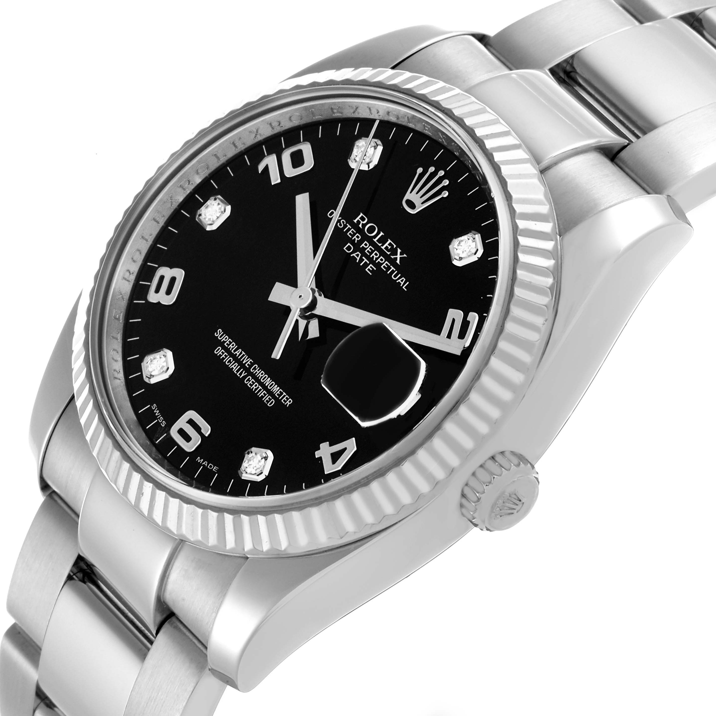 The Rolex Date 115234 Men's Stainless Steel Black Dial 115234 Men's Stainless Steel Black Dial model watch is shown at an angled view, highlighting the bezel, black dial, and bracelet.