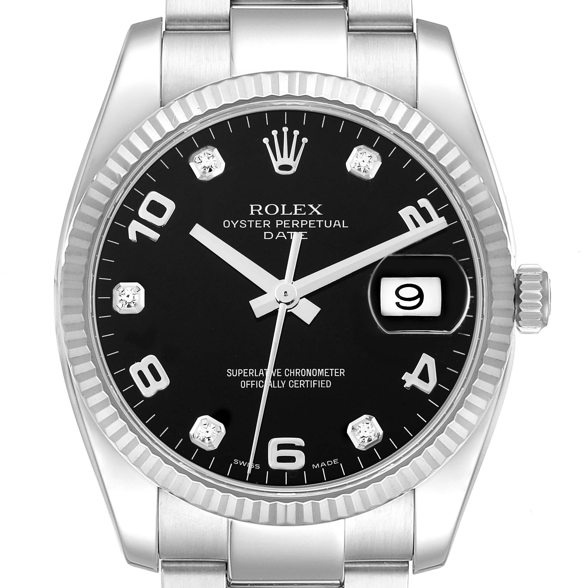 The Rolex Date 115234 Men's Stainless Steel Black Dial 115234 Men's Stainless Steel Black Dial model watch is shown from the front, highlighting the dial, bezel, and crown.