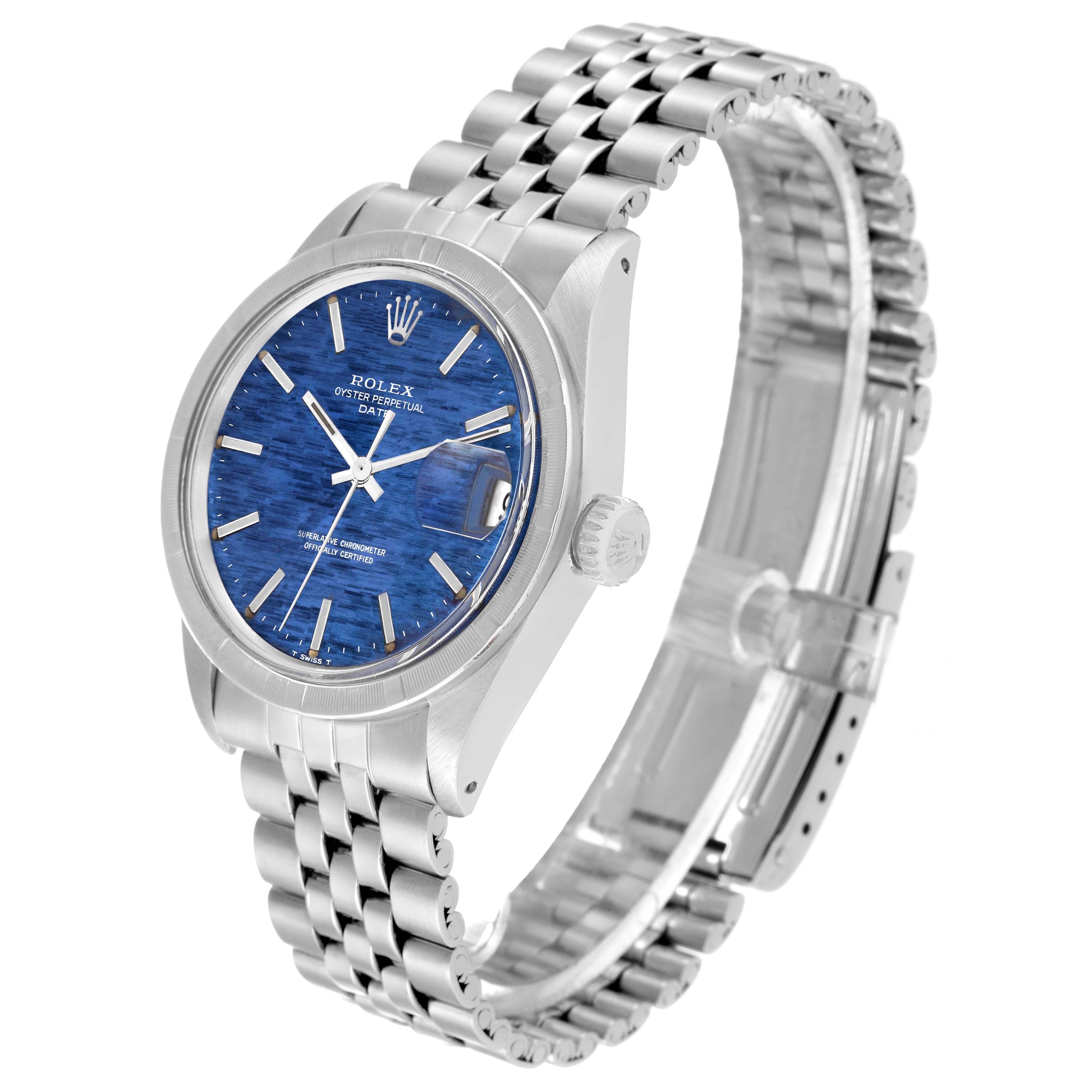 The Rolex Vintage Collection 1501 Men's Stainless Steel Blue Dial 1501 Men's Stainless Steel Blue Dial watch is shown at an angled side view highlighting the blue dial, crown, and steel bracelet.