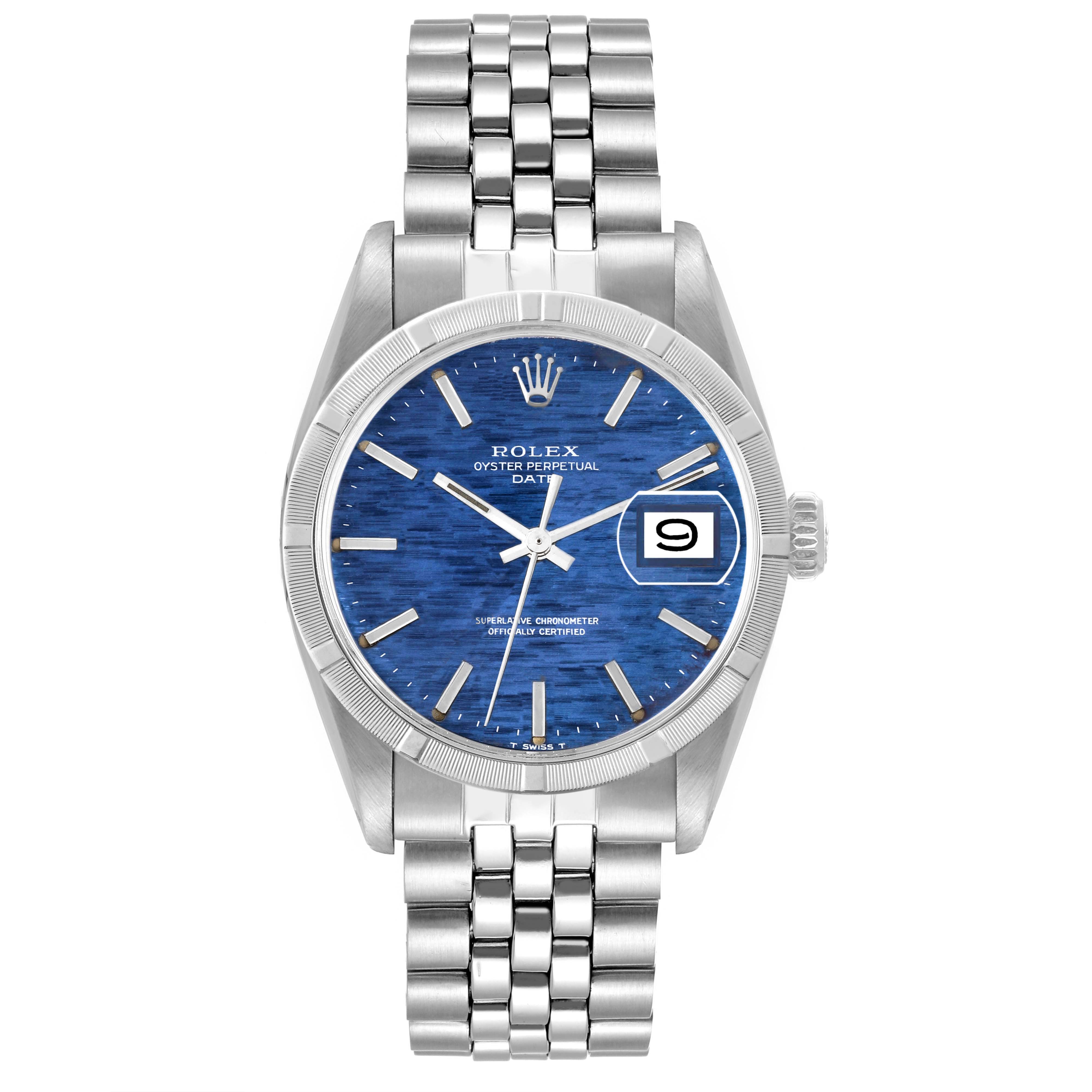This image shows a front view of the Rolex Vintage Collection 1501 Men's Stainless Steel Blue Dial 1501 Men's Stainless Steel Blue Dial model watch, displaying its face and bracelet.