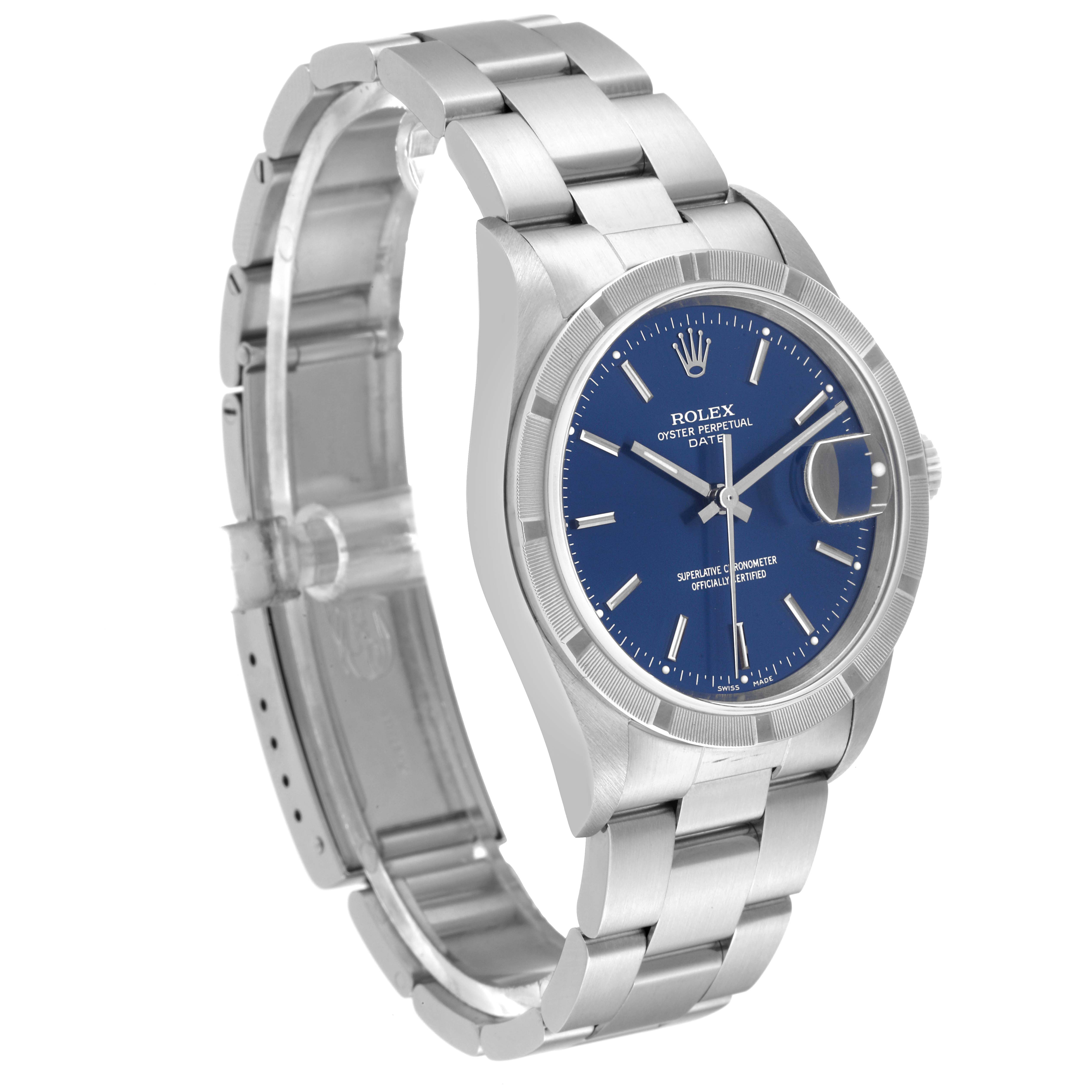 This image shows a Rolex Date 15210 Men's Stainless Steel Blue Dial 15210 Men's Stainless Steel Blue Dial watch at an oblique angle, highlighting the blue dial, bracelet, and clasp.