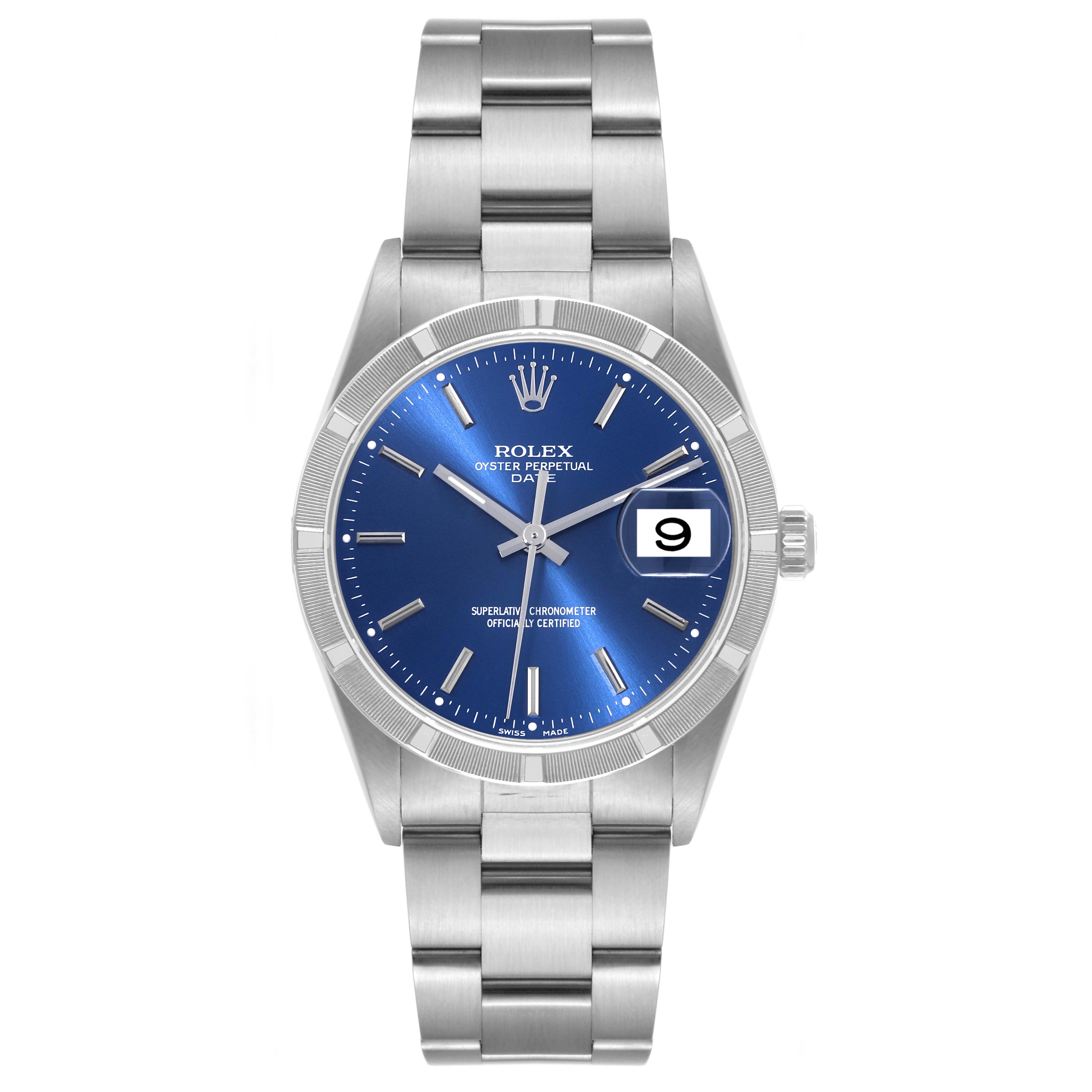 The image shows a Rolex Date 15210 Men's Stainless Steel Blue Dial 15210 Men's Stainless Steel Blue Dial model watch from a frontal angle, highlighting the dial, bezel, bracelet, and date window.