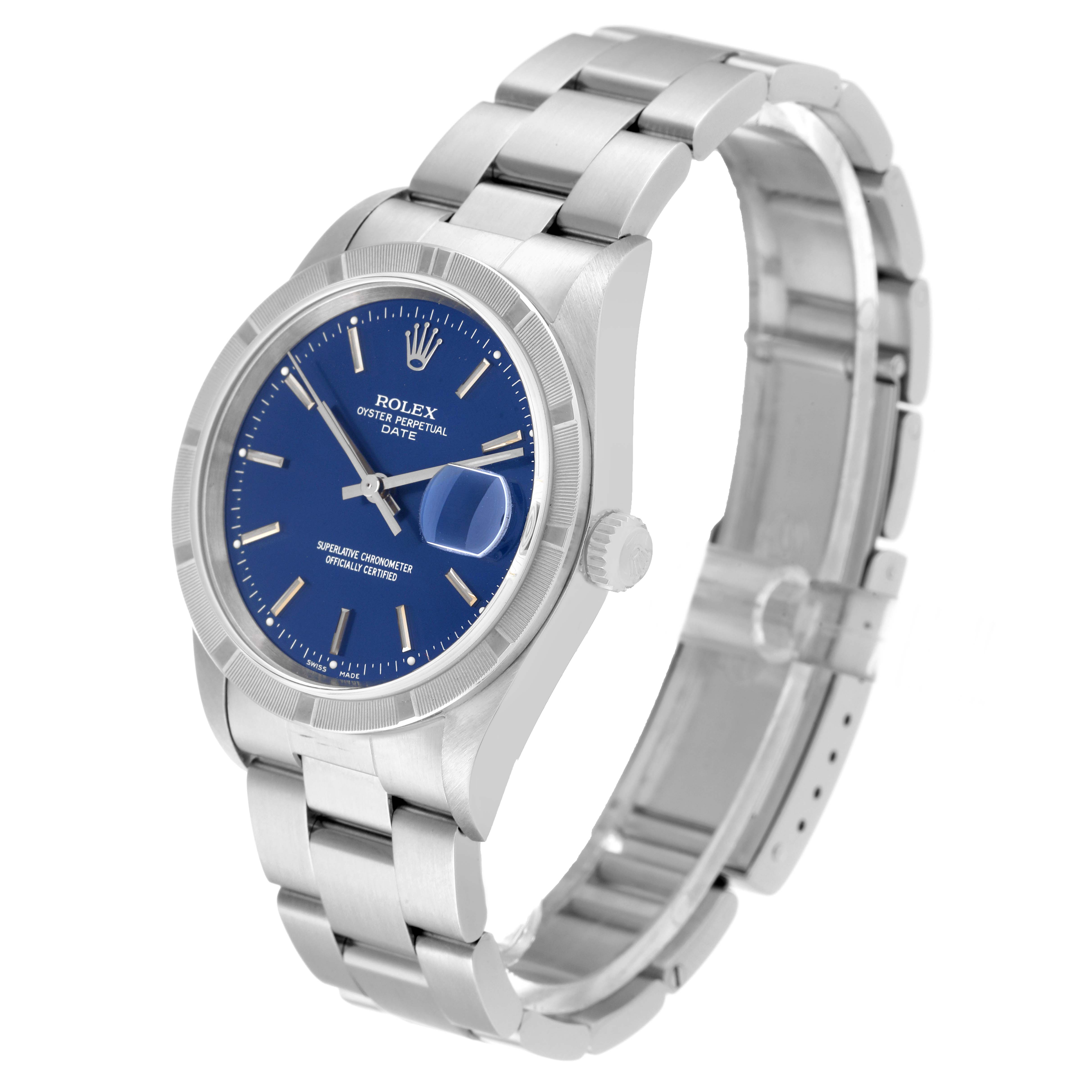 This image shows a Rolex Date 15210 Men's Stainless Steel Blue Dial 15210 Men's Stainless Steel Blue Dial watch at a three-quarter angle, focusing on the blue dial, bezel, crown, and bracelet.