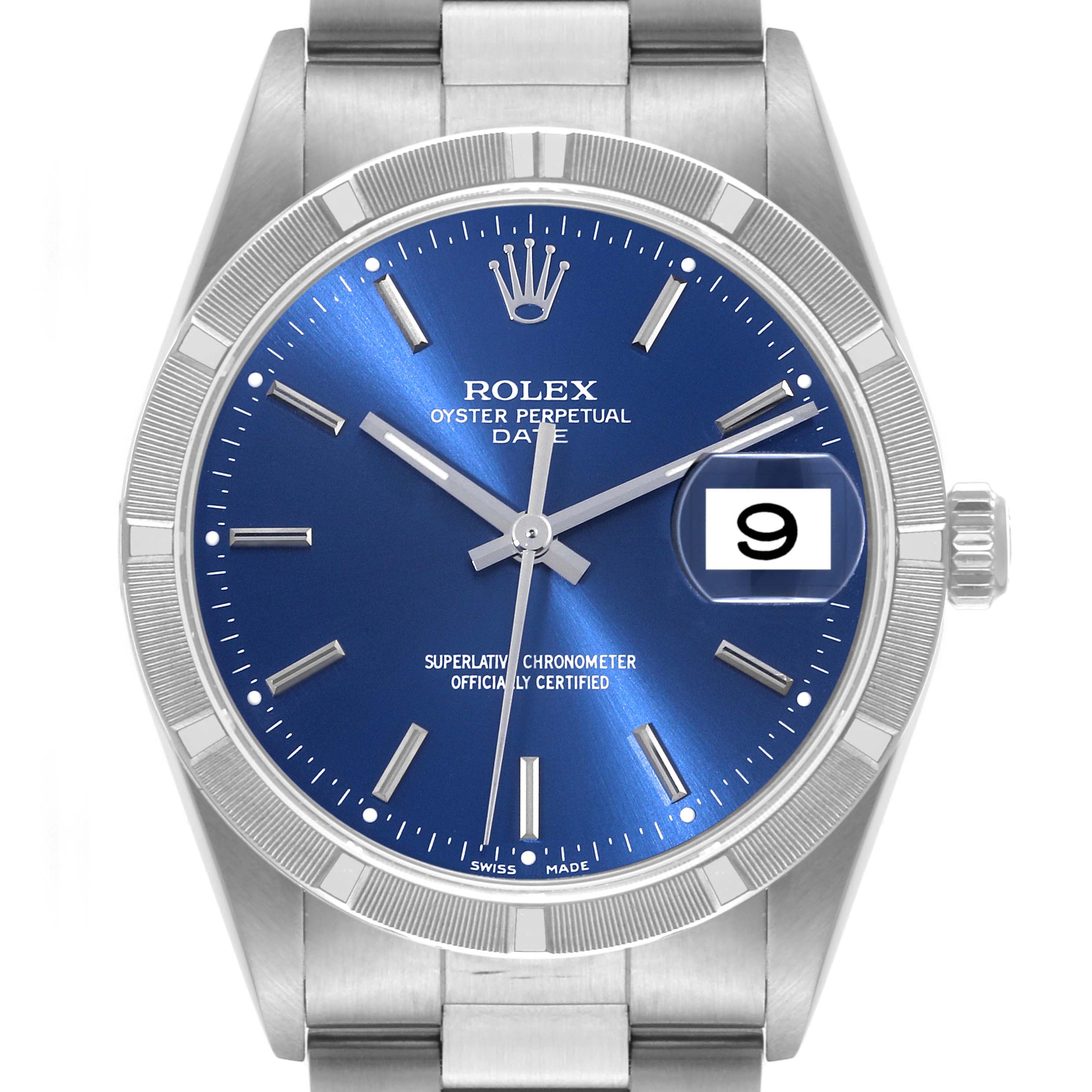 This image shows a front view of a Rolex Oyster Perpetual Date watch, featuring a blue dial and silver bracelet.