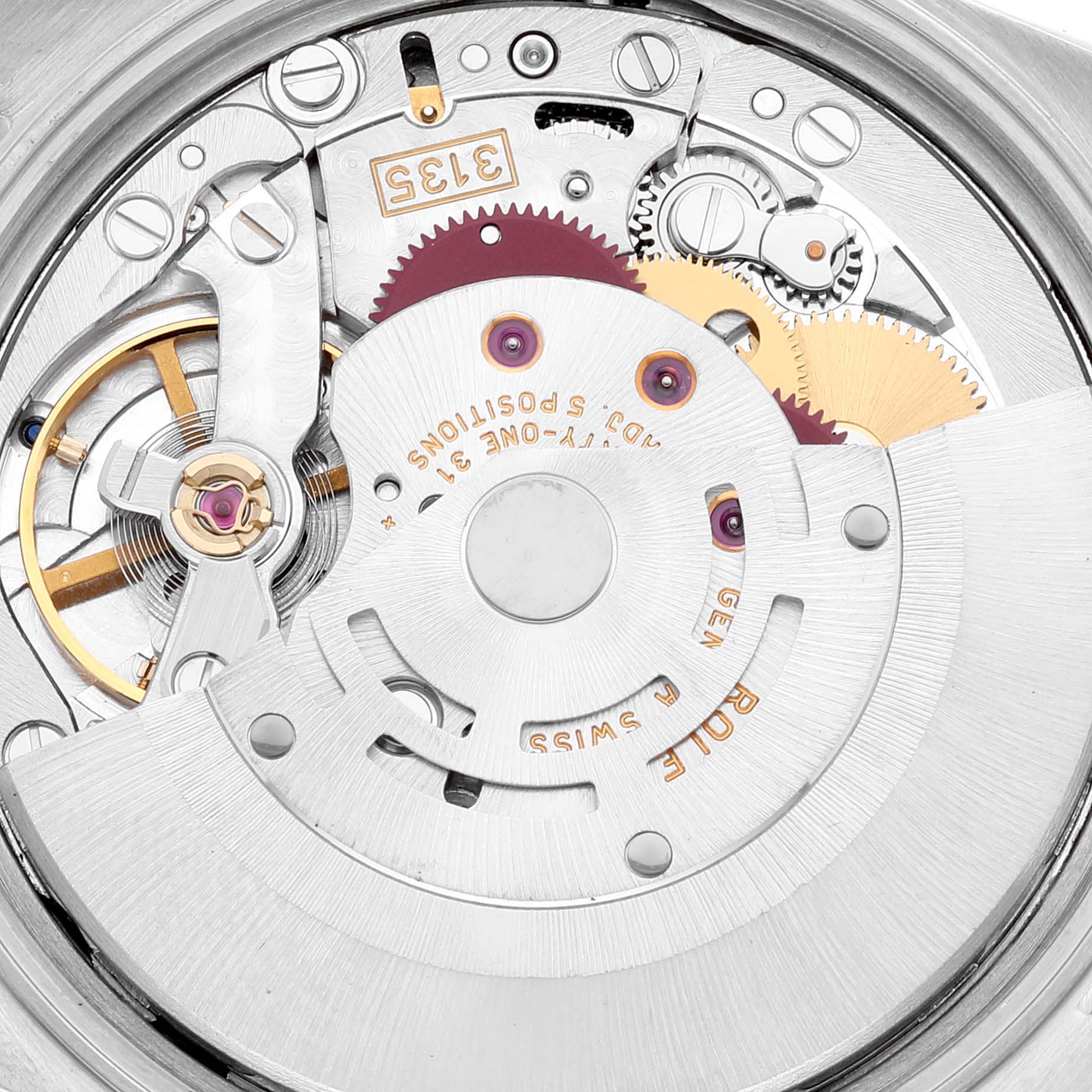 The image shows the internal mechanical movement of a Rolex Date 15210 Men's Stainless Steel Blue Dial 15210 Men's Stainless Steel Blue Dial watch model from a close-up angle.