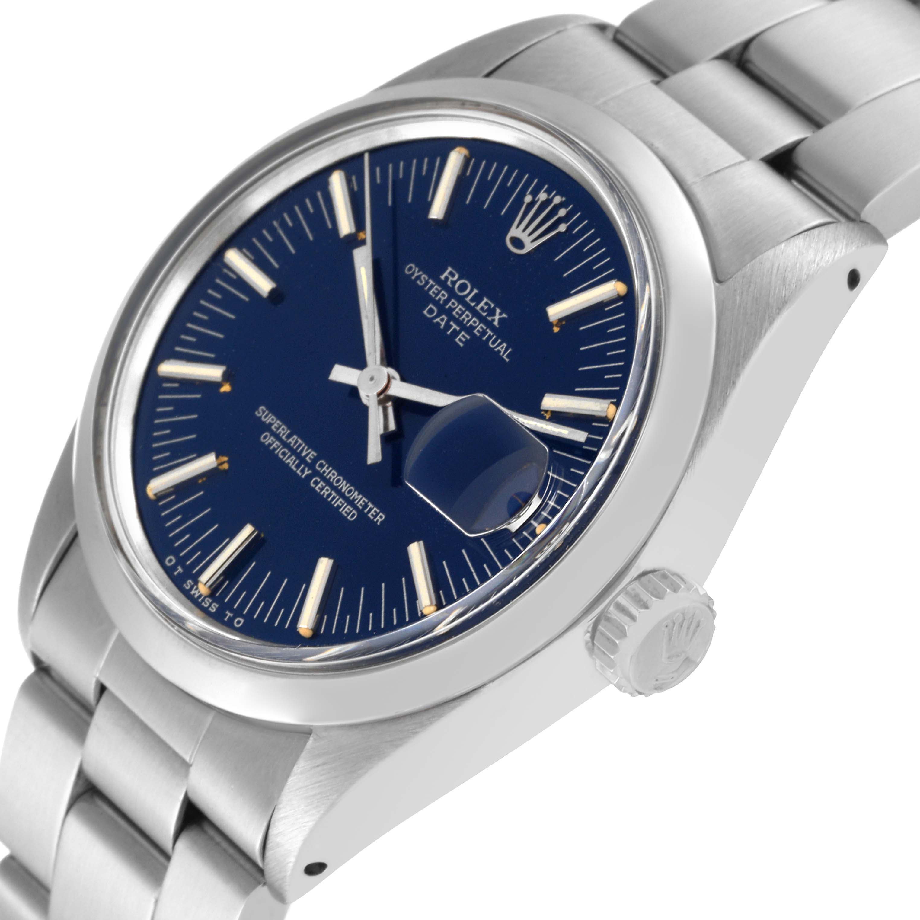 The image shows the face, bezel, and bracelet of a Rolex Vintage Collection 1500 Men's Stainless Steel Blue Dial 1500 Men's Stainless Steel Blue Dial Oyster Perpetual Date watch at a slight angle.
