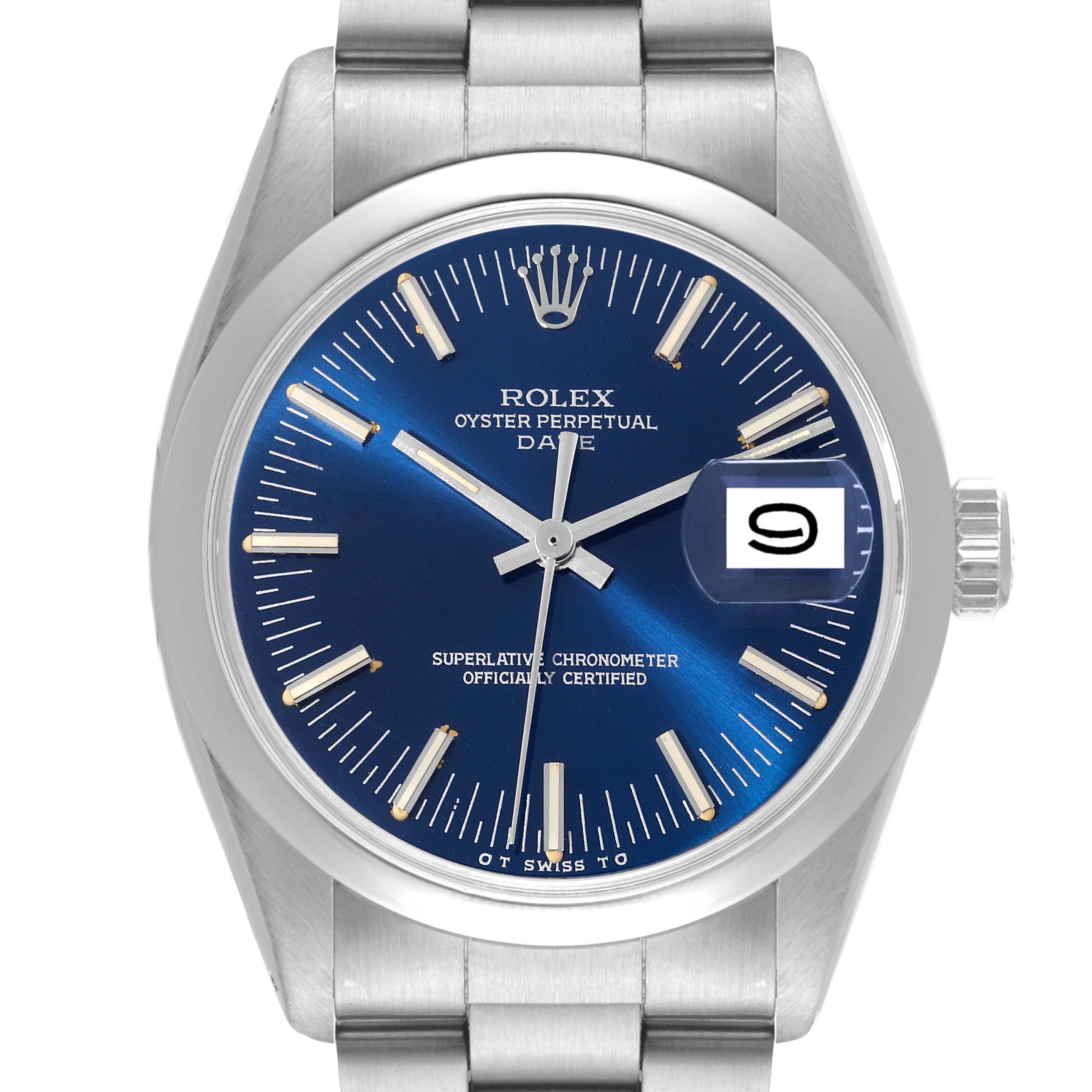 The image shows a front view of a Rolex Vintage Collection 1500 Men's Stainless Steel Blue Dial 1500 Men's Stainless Steel Blue Dial Oyster Perpetual Date watch with a blue dial and stainless steel bracelet.