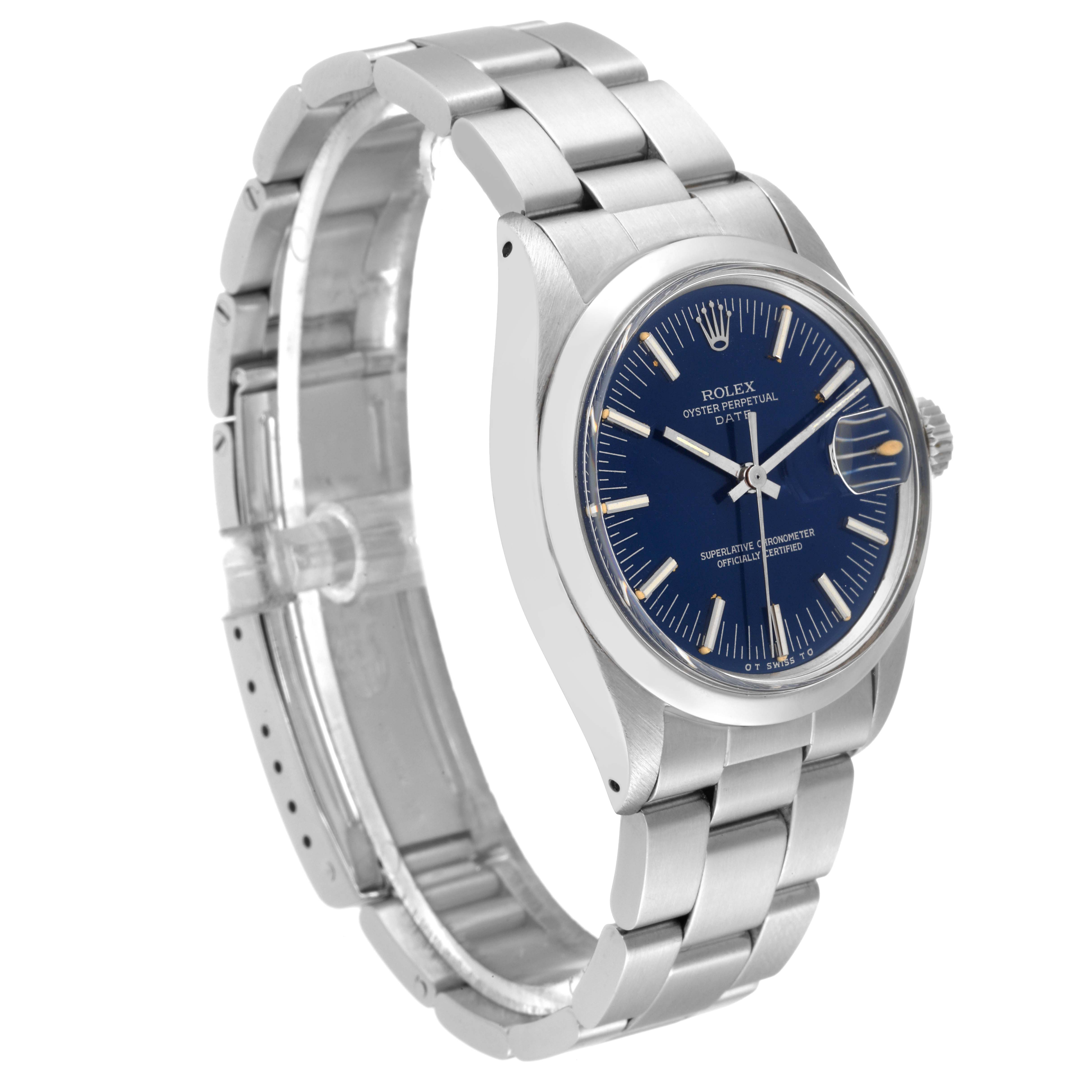 This image shows a Rolex Vintage Collection 1500 Men's Stainless Steel Blue Dial 1500 Men's Stainless Steel Blue Dial watch with a blue dial and stainless steel bracelet, viewed from a three-quarter angle.