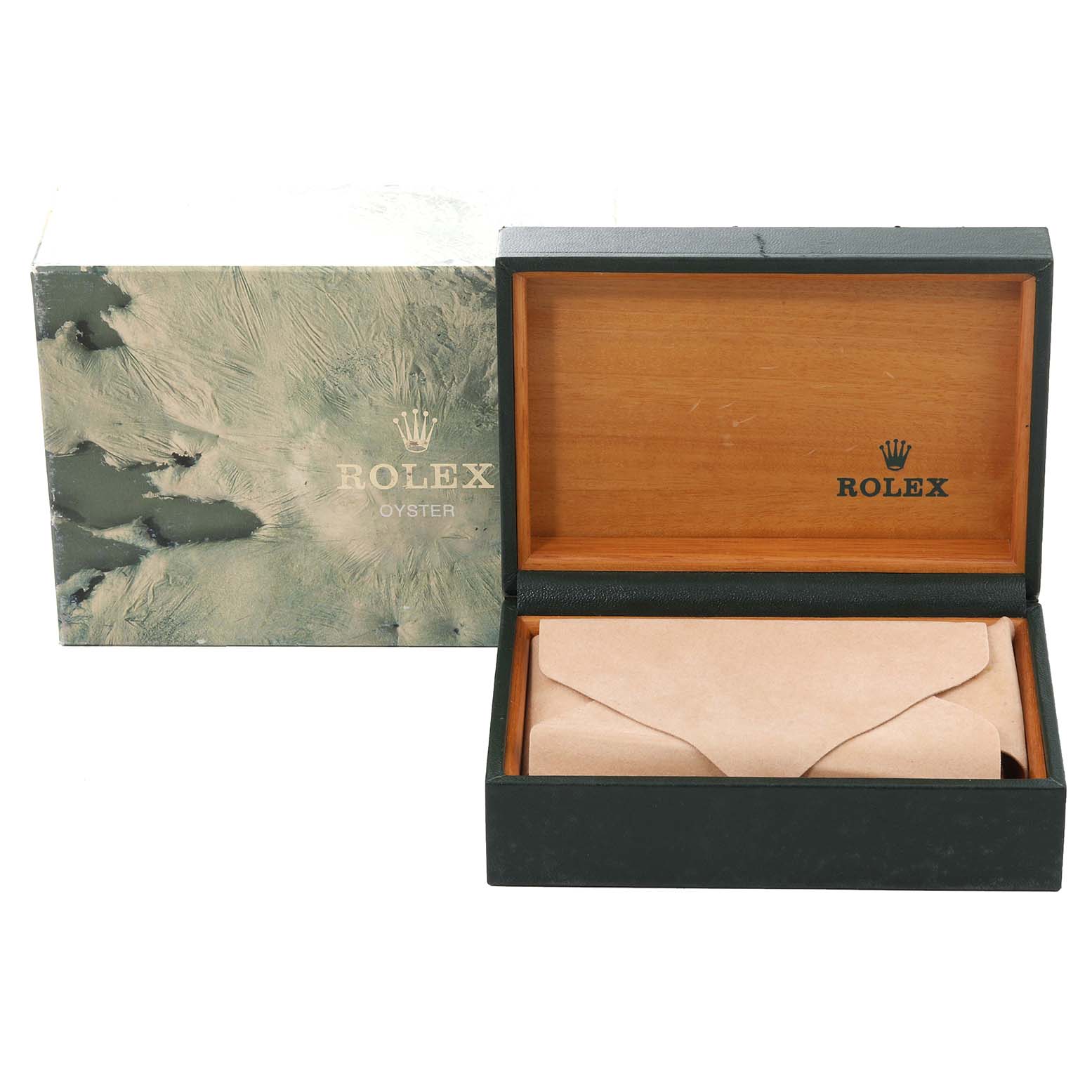 The image shows the packaging for the Vintage Collection model by Rolex, featuring an open wooden box and an outer decorative box.