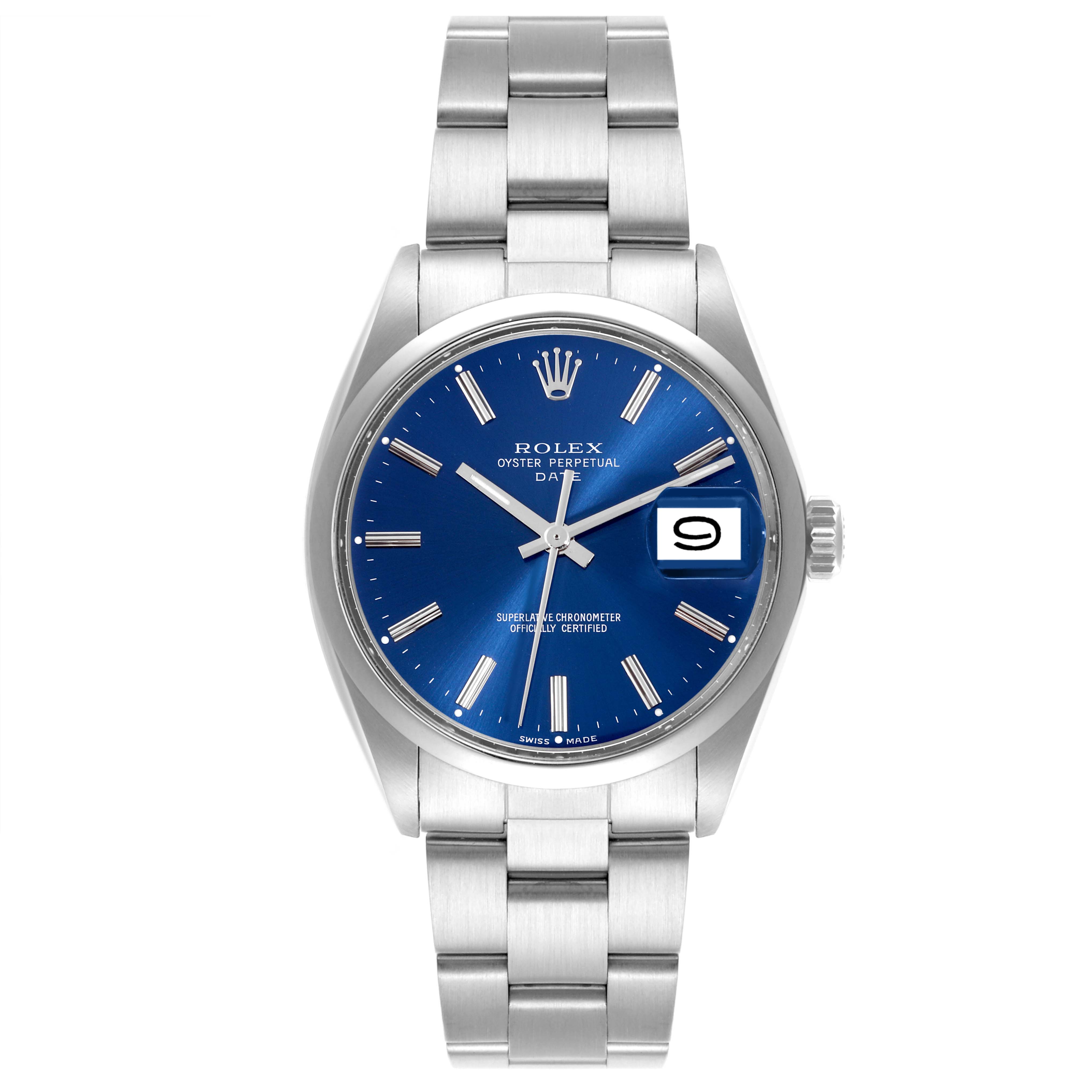 The Rolex Vintage Collection 1500 Men's Stainless Steel Blue Dial 1500 Men's Stainless Steel Blue Dial model is shown from a front angle, displaying the face, bezel, and bracelet.