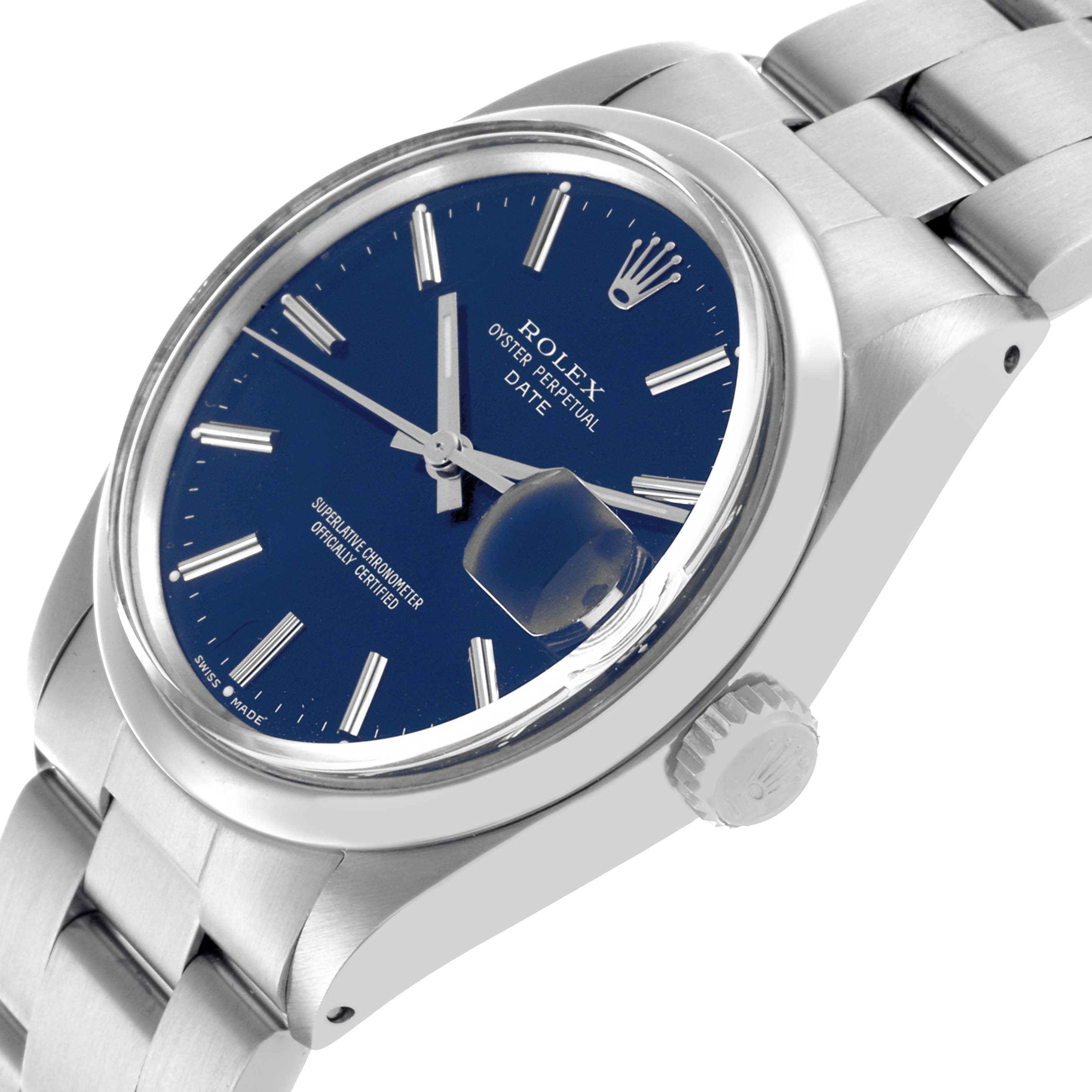 The Rolex Vintage Collection 1500 Men's Stainless Steel Blue Dial 1500 Men's Stainless Steel Blue Dial watch is shown at an angle, highlighting the blue dial, date magnifier, crown, and part of the bracelet.