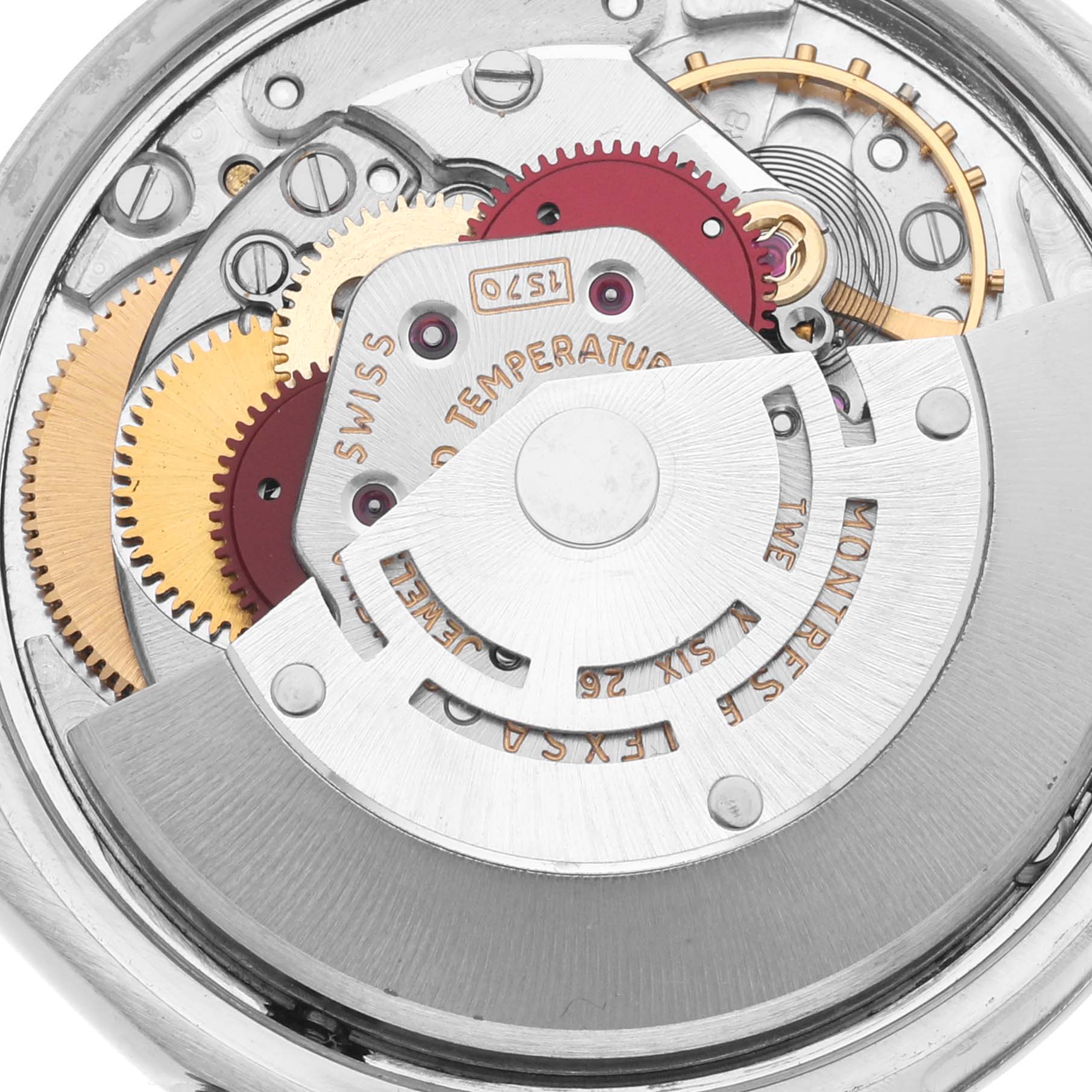 The image shows the internal movement mechanism of a Rolex Vintage Collection 1500 Men's Stainless Steel Blue Dial 1500 Men's Stainless Steel Blue Dial watch from a close-up angle.