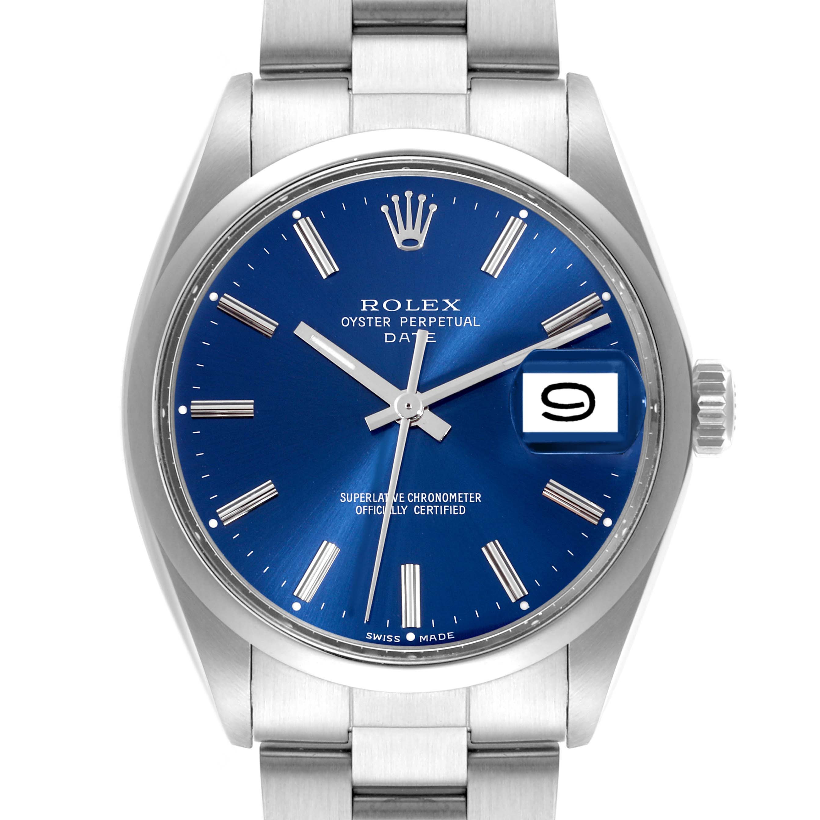 The Rolex Vintage Collection 1500 Men's Stainless Steel Blue Dial 1500 Men's Stainless Steel Blue Dial watch is shown from a front angle, displaying the dial, hands, date window, and part of the bracelet.