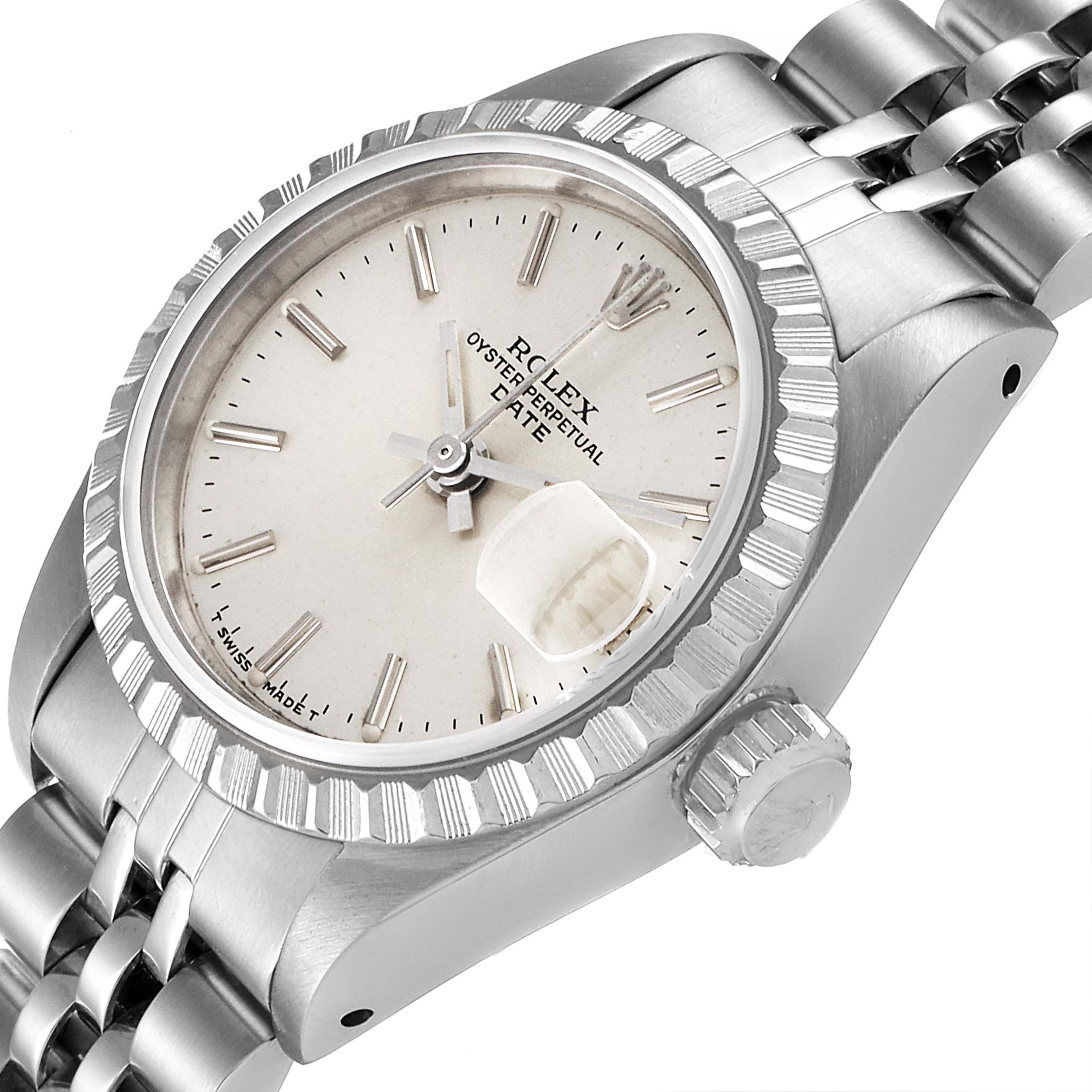 The image shows a Rolex Date 69240 Women
s Stainless Steel Silver Dial 69240 Women
s Stainless Steel Silver Dial model watch from an angled view, displaying the dial, bezel, crown, and part of the bracelet.