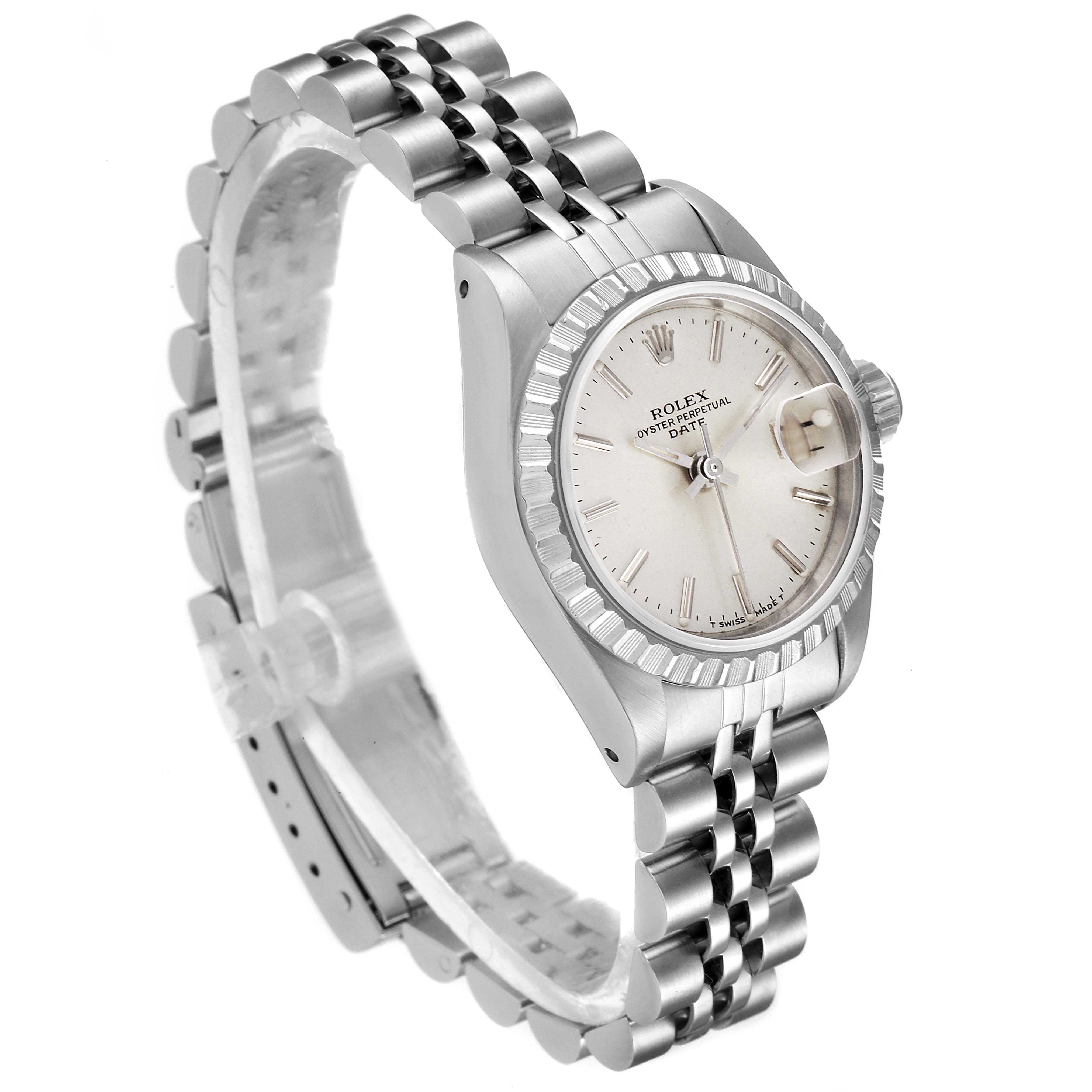 This image shows a Rolex Date 69240 Women
s Stainless Steel Silver Dial 69240 Women
s Stainless Steel Silver Dial model watch at a 3/4 angle displaying the face, bezel, crown, and Jubilee bracelet.