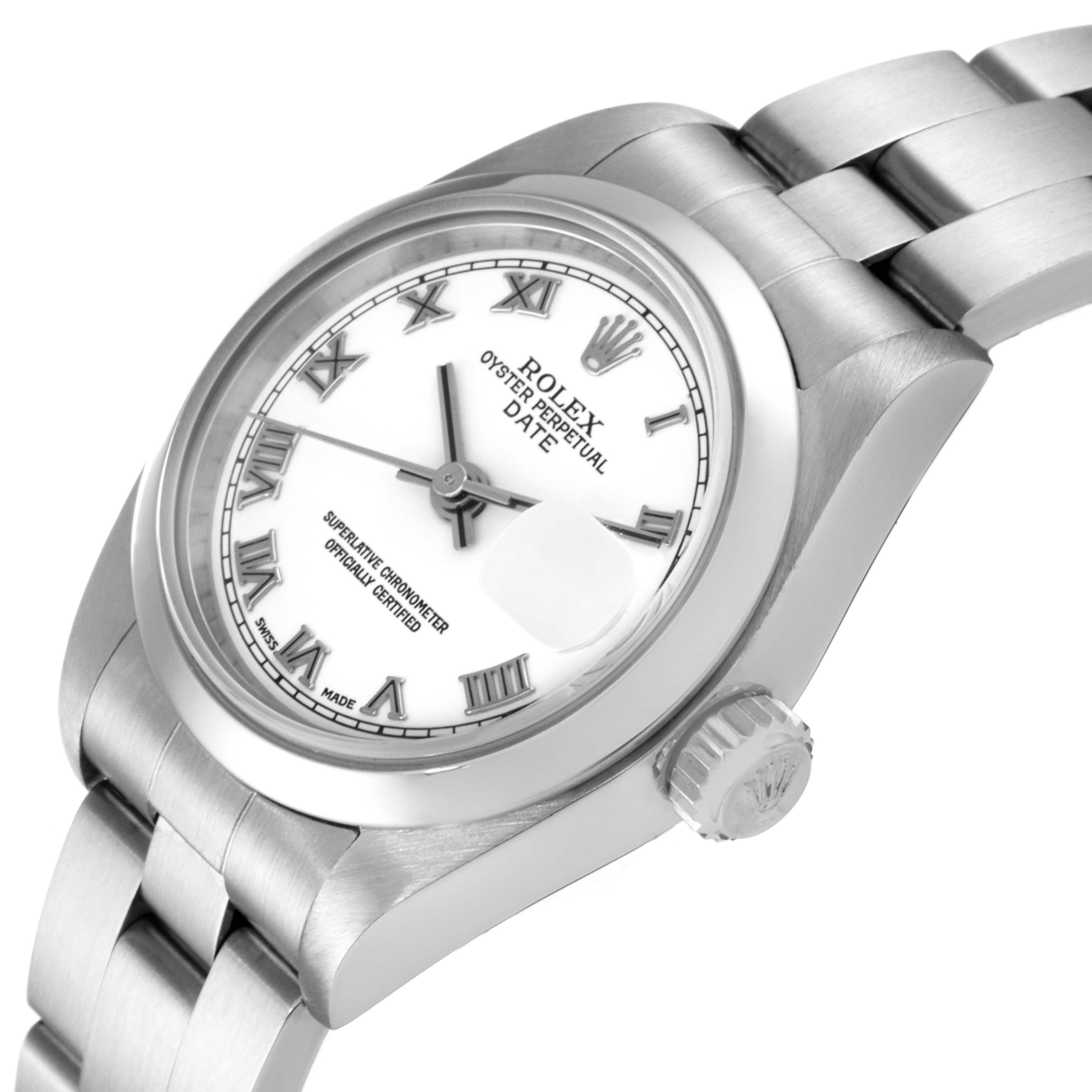 The Rolex Date 79160 Women
s Stainless Steel White Dial 79160 Women
s Stainless Steel White Dial watch is shown from a side angle, highlighting the face, bezel, crown, and part of the bracelet.