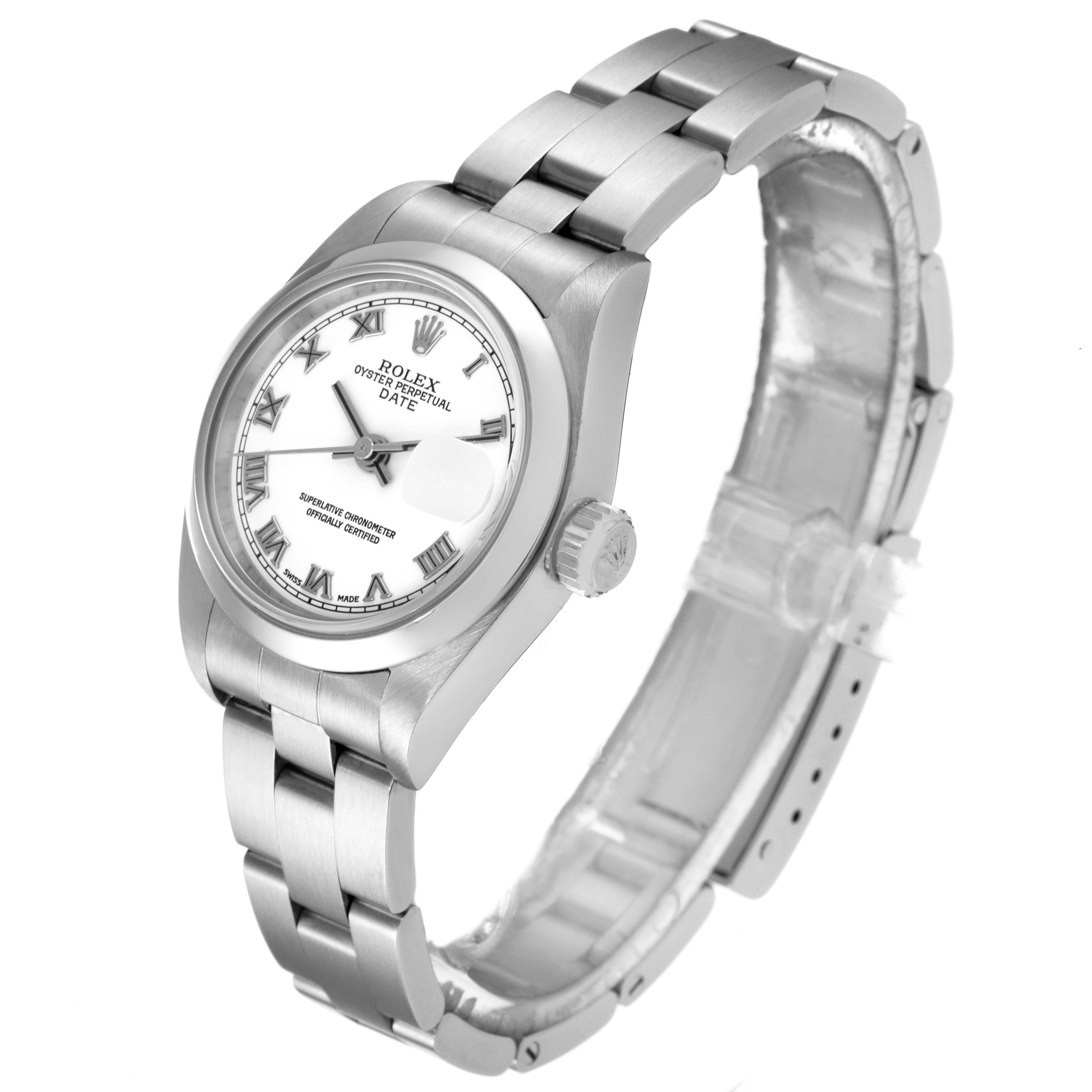 This is a side view of a Rolex Date 79160 Women
s Stainless Steel White Dial 79160 Women
s Stainless Steel White Dial model watch, showing the bracelet, dial, crown, and case.