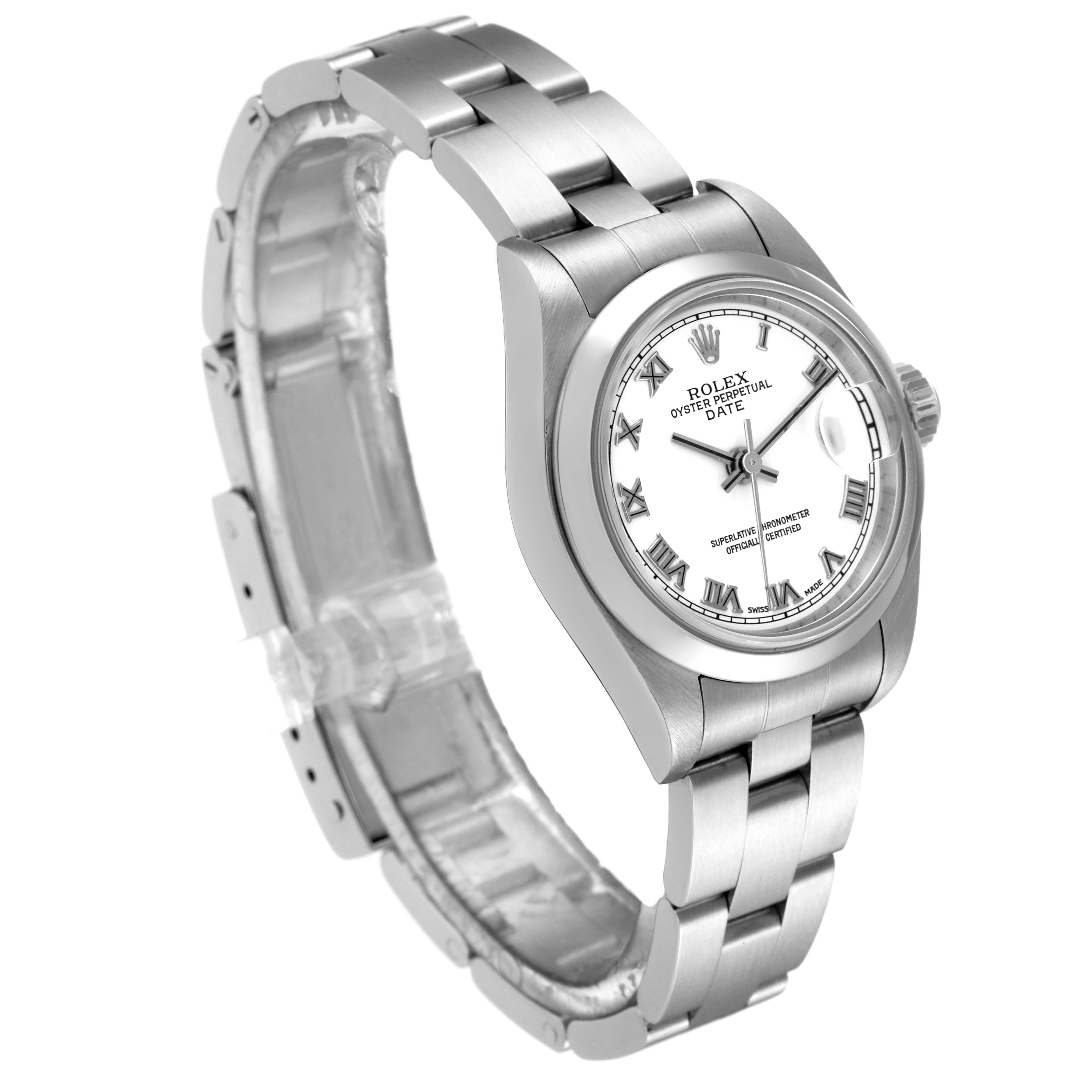 The image shows a side angle of a Rolex Date 79160 Women
s Stainless Steel White Dial 79160 Women
s Stainless Steel White Dial model watch, highlighting the bracelet, case, and dial.