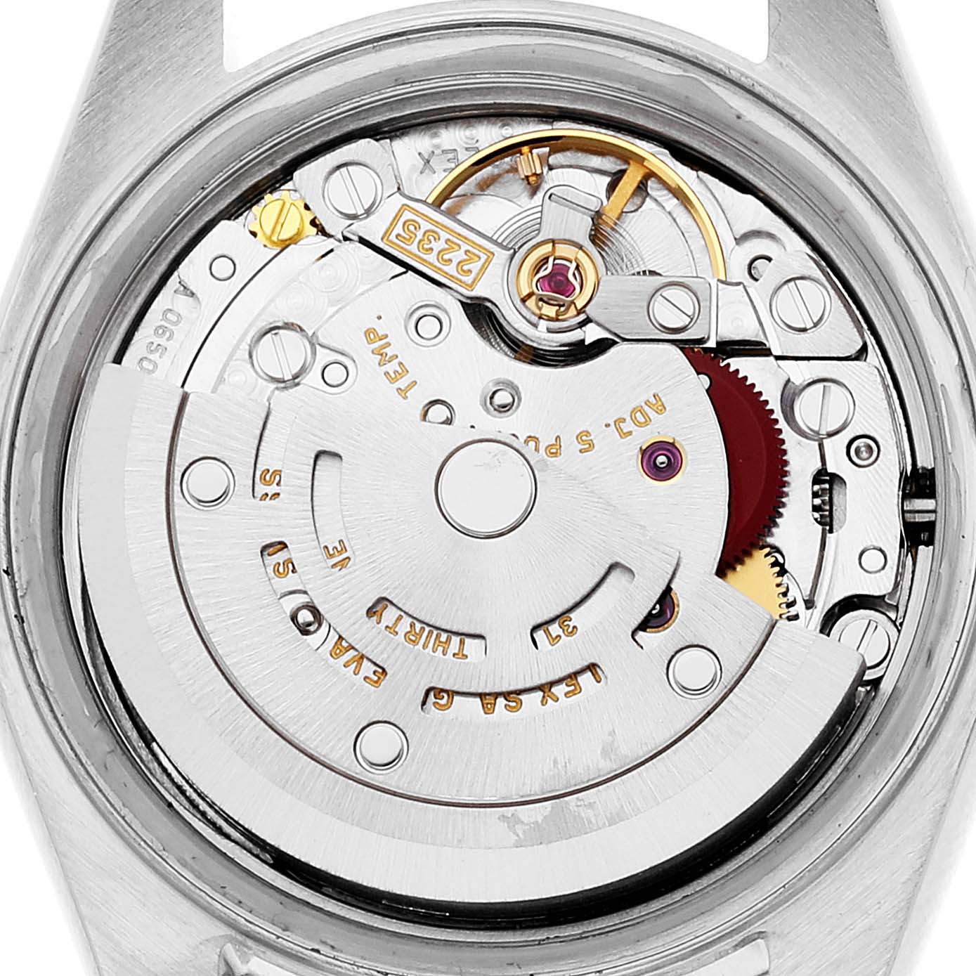 This image shows the movement mechanism of a Rolex Date 79160 Women
s Stainless Steel White Dial 79160 Women
s Stainless Steel White Dial model watch from the back, showcasing its intricate components.
