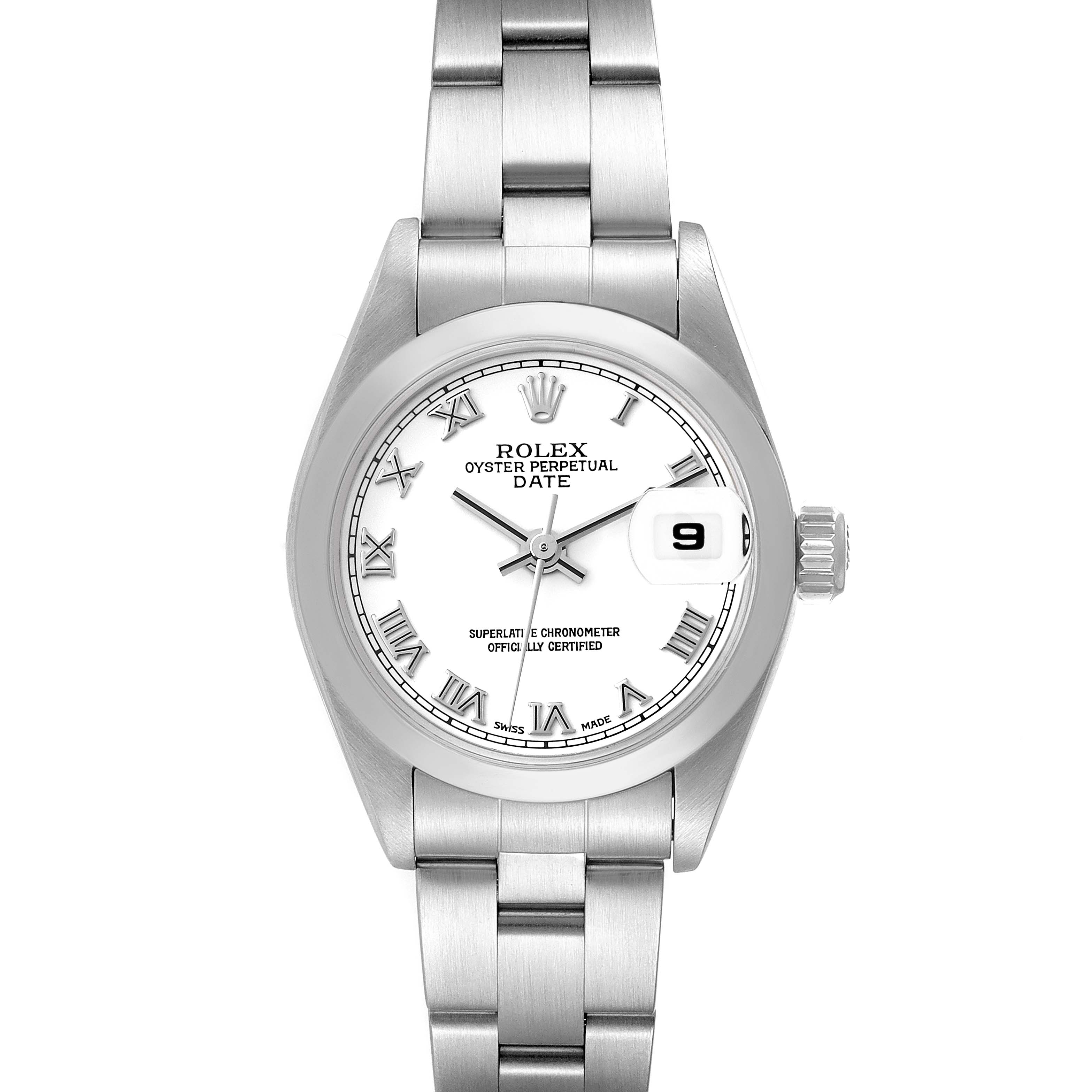 The Rolex Date 79160 Women
s Stainless Steel White Dial 79160 Women
s Stainless Steel White Dial watch is shown from the front, highlighting the dial, hands, date display, and bracelet.