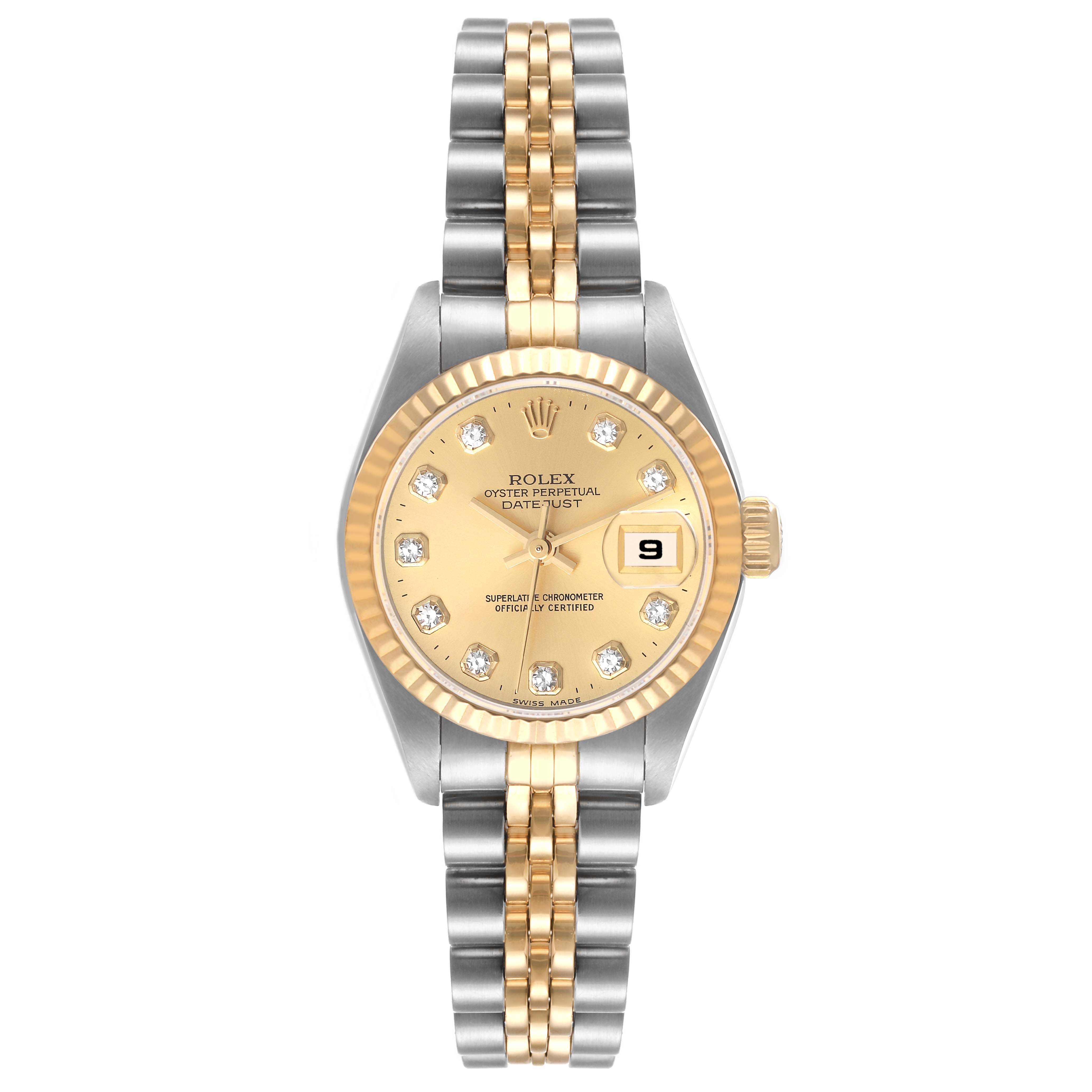 This image shows a Rolex Datejust 69173 Women's Steel and Gold (two tone) Champagne Dial 69173 Women's Steel and Gold (two tone) Champagne Dial watch from a top-down angle, highlighting its two-tone bracelet, gold dial, and fluted bezel.
