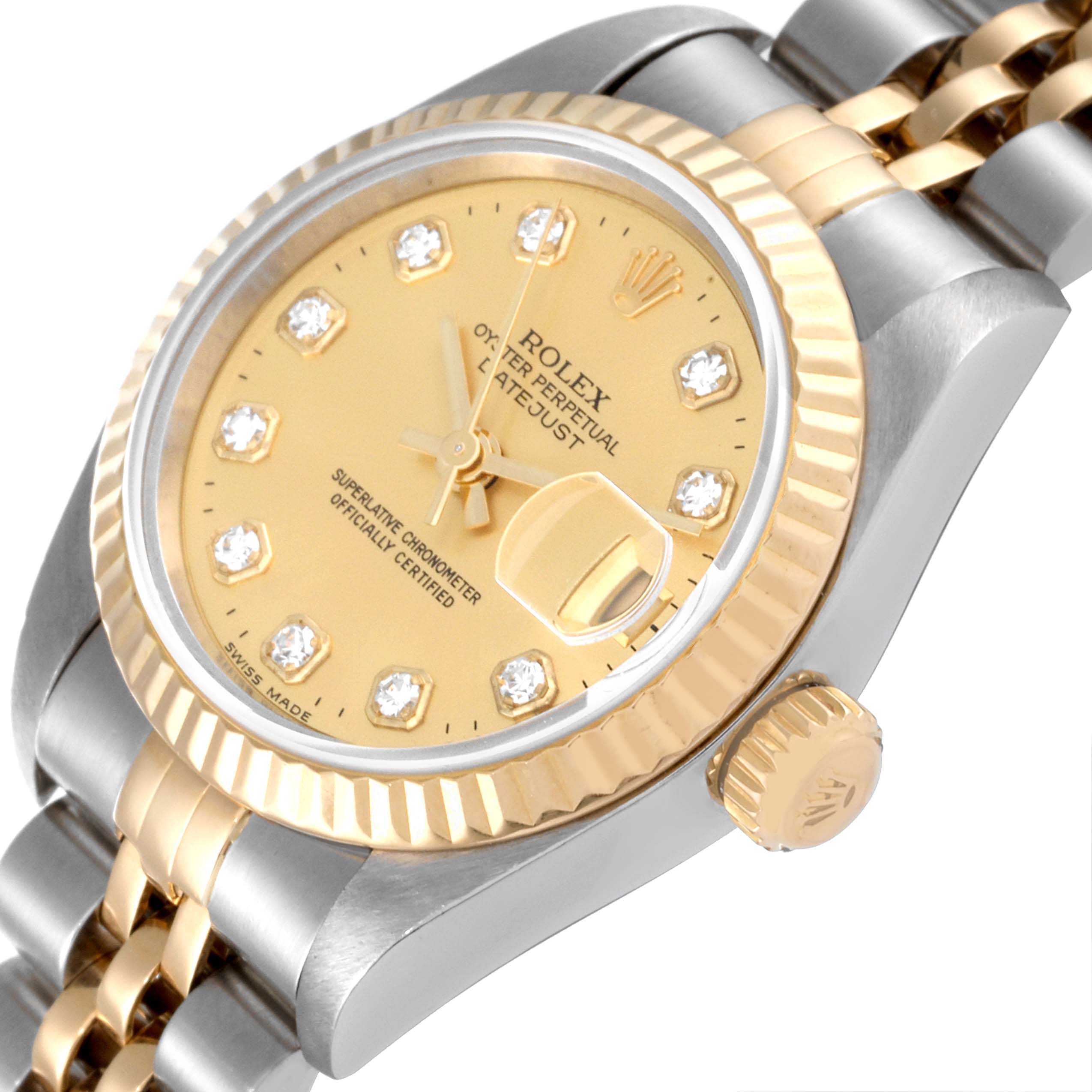 The image shows a close-up angled view of a Rolex Datejust 69173 Women's Steel and Gold (two tone) Champagne Dial 69173 Women's Steel and Gold (two tone) Champagne Dial watch, highlighting the bezel, dial, crown, and part of the bracelet.