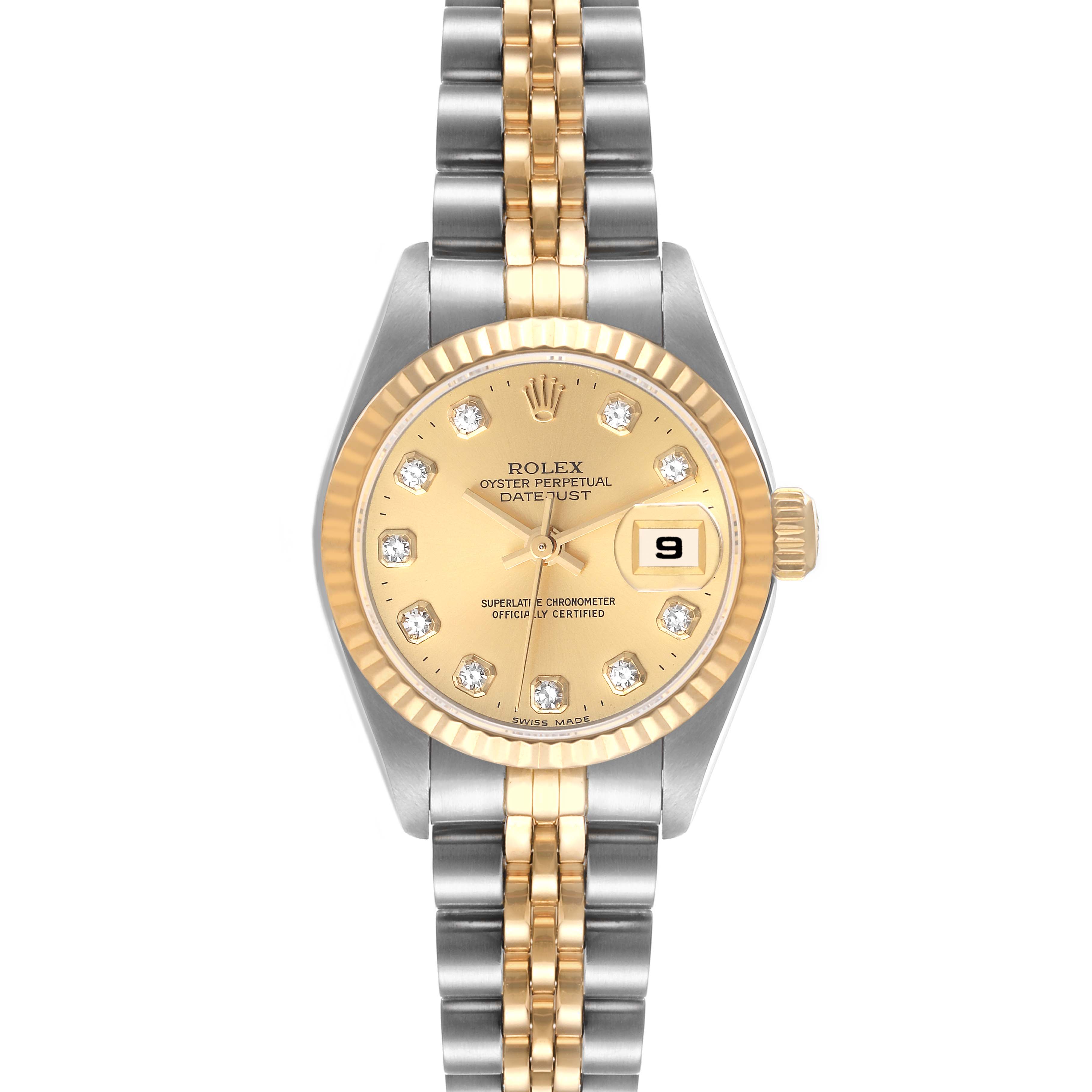 This image shows a front view of a Rolex Datejust 69173 Women's Steel and Gold (two tone) Champagne Dial 69173 Women's Steel and Gold (two tone) Champagne Dial watch, featuring a gold bezel, champagne dial, diamond hour markers, and a two-tone bracelet.