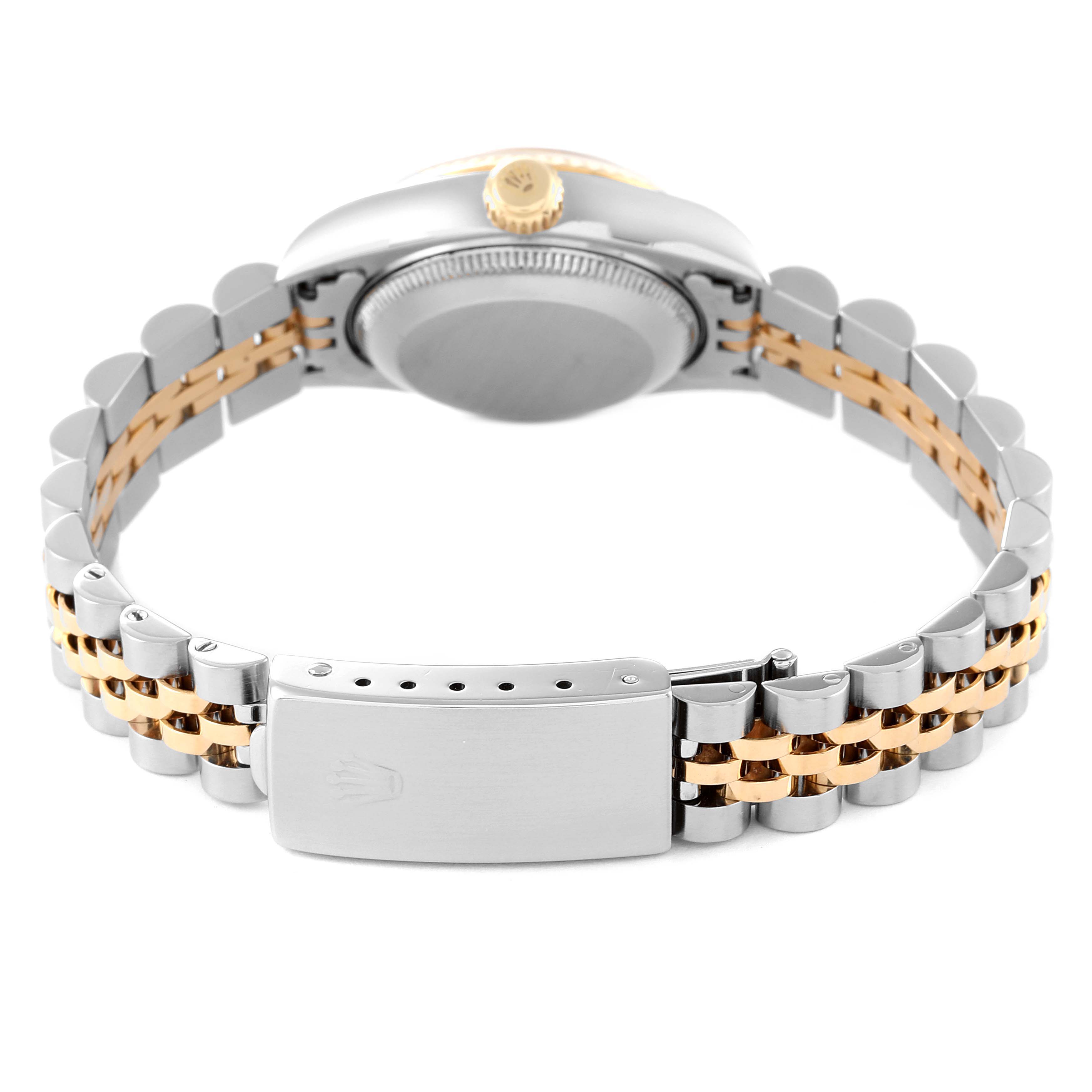 This Rolex Datejust 69173 Women's Steel and Gold (two tone) Champagne Dial 69173 Women's Steel and Gold (two tone) Champagne Dial watch is shown from the back angle, highlighting the bracelet and clasp.