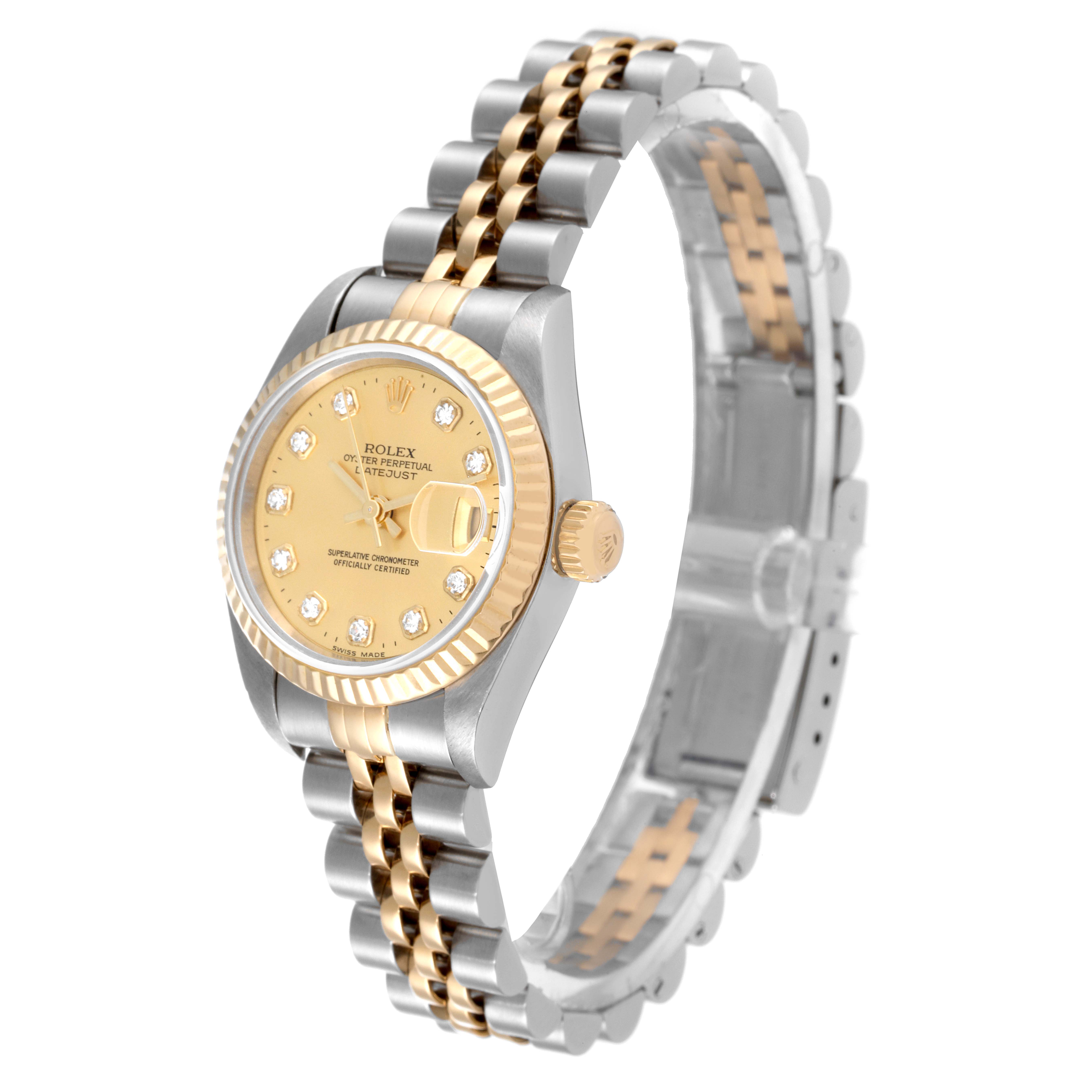 The image shows a Rolex Datejust 69173 Women's Steel and Gold (two tone) Champagne Dial 69173 Women's Steel and Gold (two tone) Champagne Dial watch at an angle highlighting its gold and silver bracelet and diamond-studded dial.