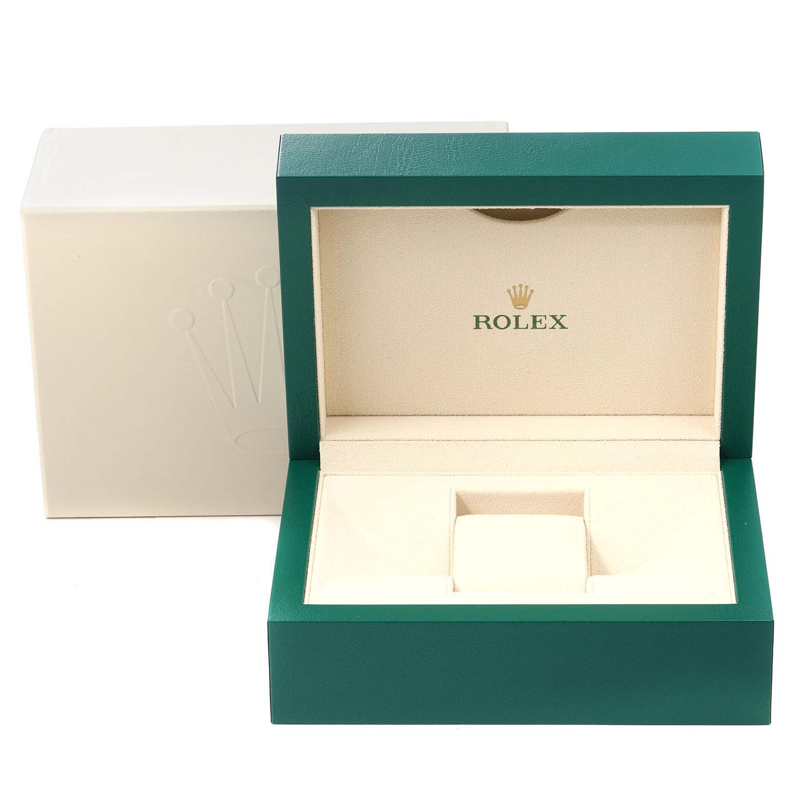 The image shows the open green and cream box for a Rolex Datejust 116231 Men
s Steel and Gold (two tone) Grey Dial 116231 Men
s Steel and Gold (two tone) Grey Dial watch.