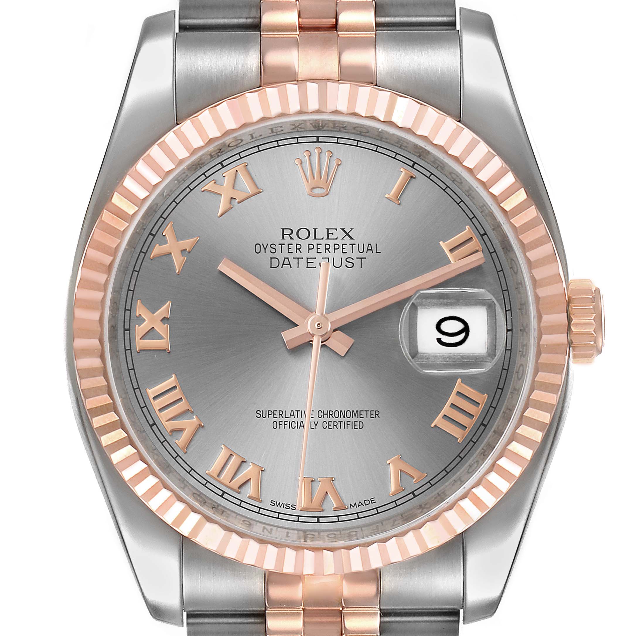 The image shows a front view of the Rolex Datejust 116231 Men
s Steel and Gold (two tone) Grey Dial 116231 Men
s Steel and Gold (two tone) Grey Dial watch, highlighting the dial, bezel, and part of the bracelet.