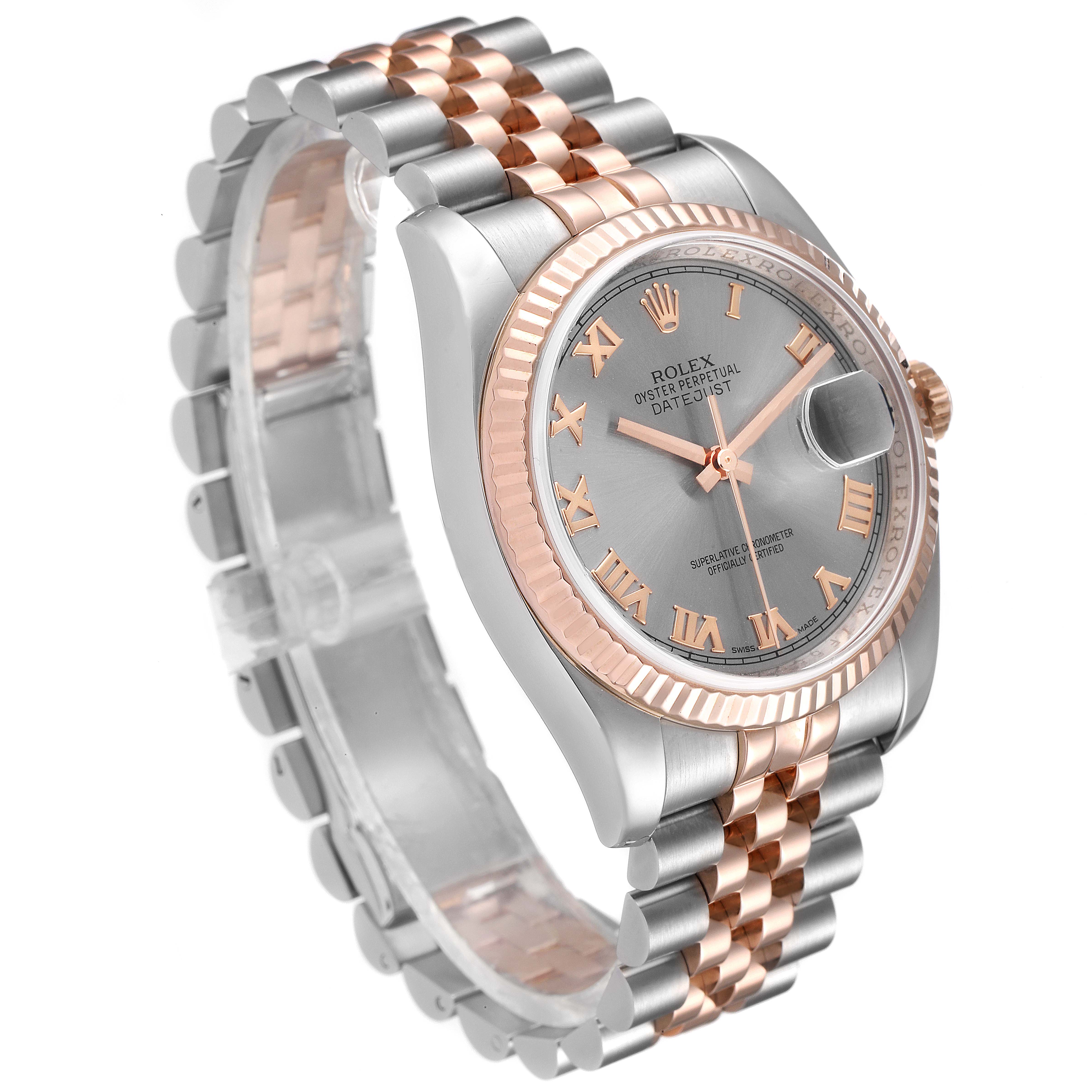 The image shows a Rolex Datejust 116231 Men
s Steel and Gold (two tone) Grey Dial 116231 Men
s Steel and Gold (two tone) Grey Dial watch at a slight angle, featuring a two-tone stainless steel and rose gold bracelet, a gray dial, and Roman numeral markers.
