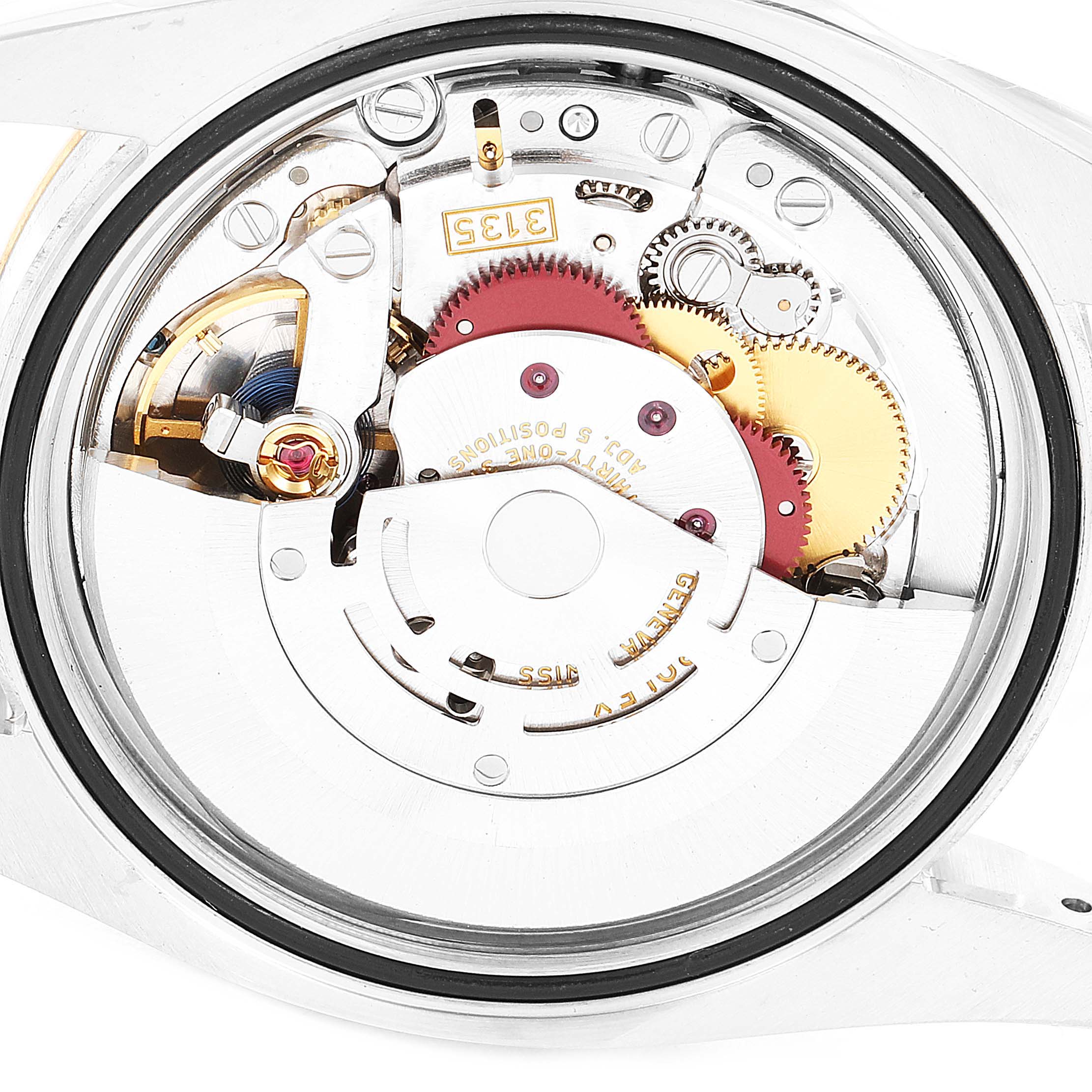 The image shows a close-up of the Rolex Datejust 116231 Men
s Steel and Gold (two tone) Grey Dial 116231 Men
s Steel and Gold (two tone) Grey Dial watch movement, focusing on the internal mechanical components.