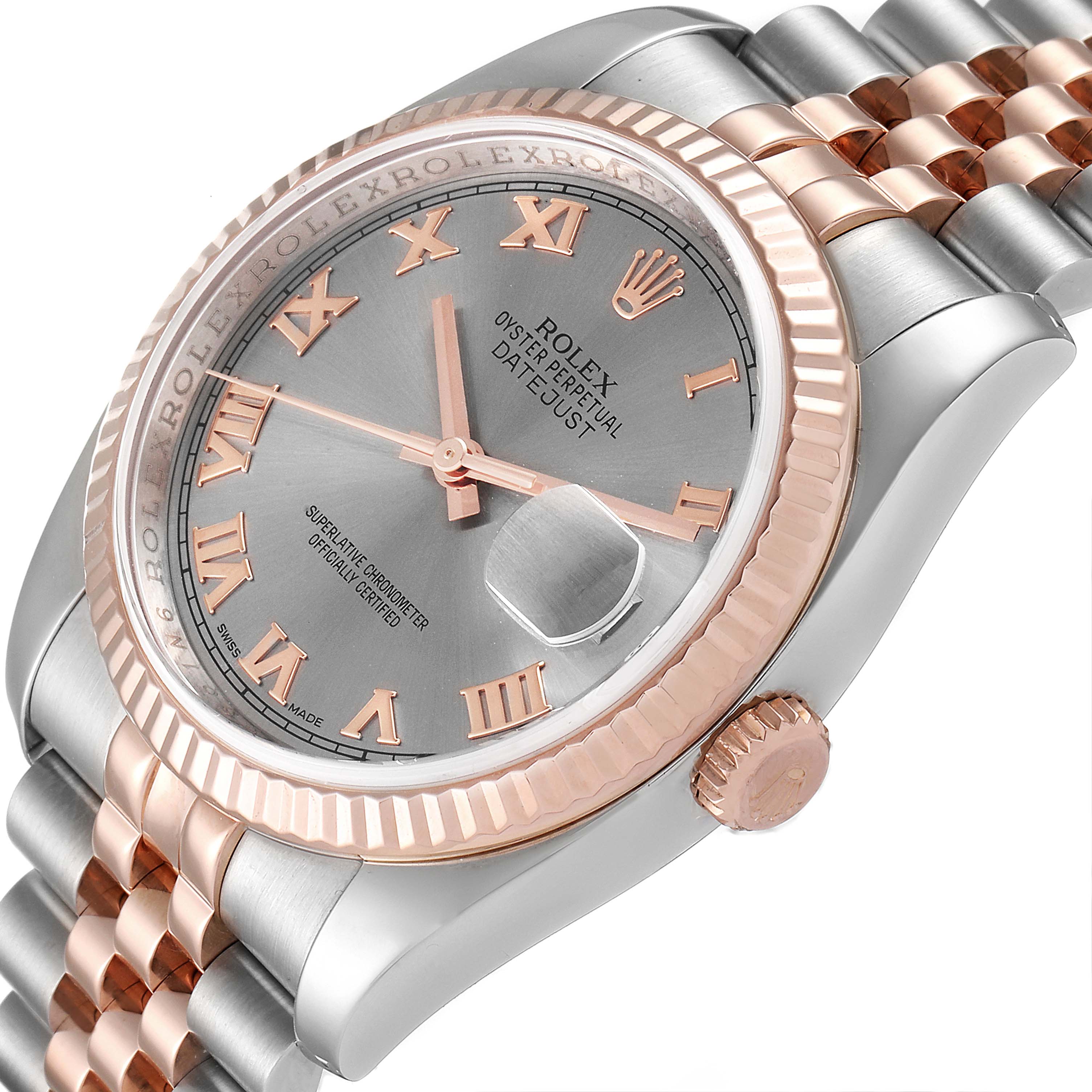 The image shows a close-up angled view of a Rolex Datejust 116231 Men
s Steel and Gold (two tone) Grey Dial 116231 Men
s Steel and Gold (two tone) Grey Dial watch, highlighting its dial, bezel, case, and part of the bracelet.