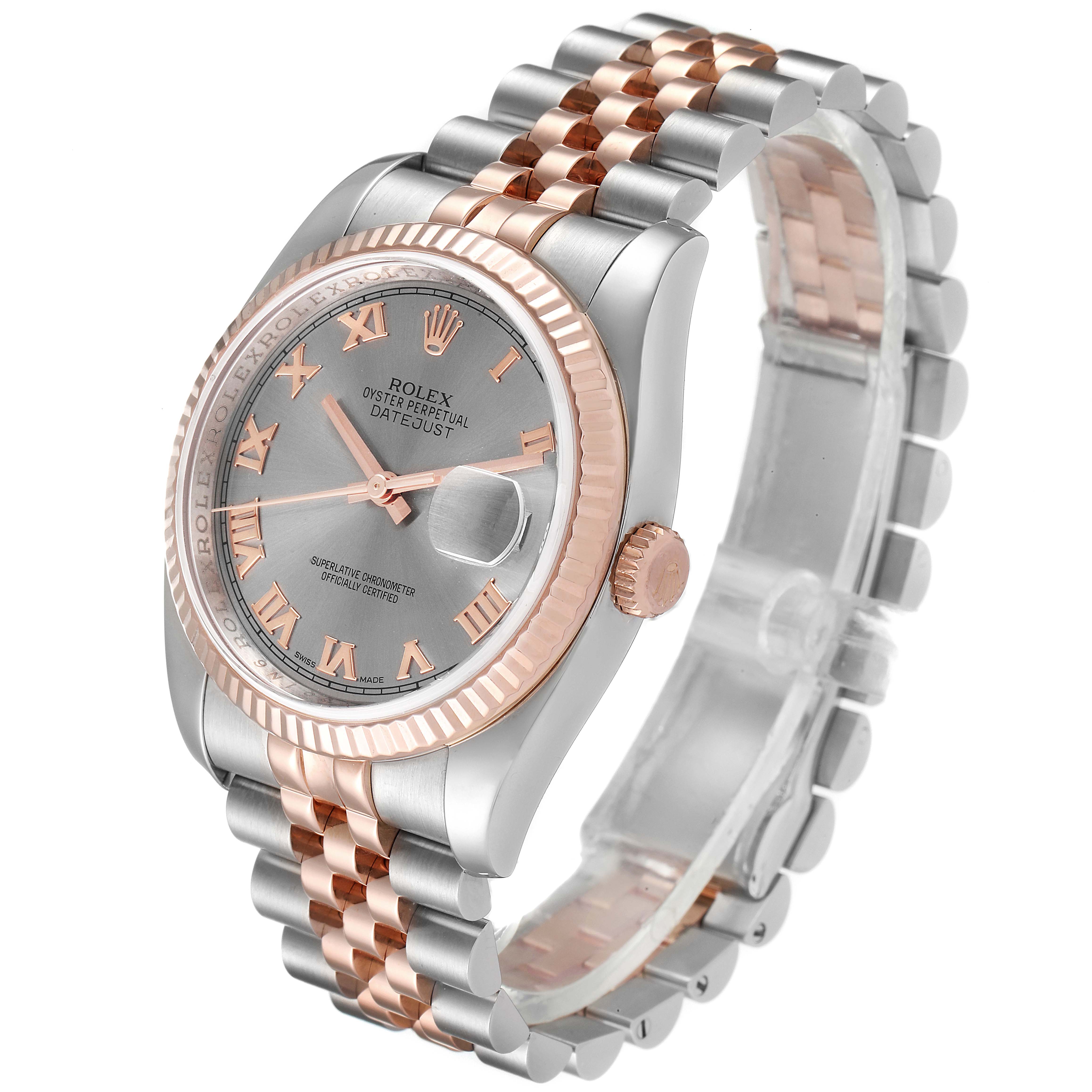 The image shows a Rolex Datejust 116231 Men
s Steel and Gold (two tone) Grey Dial 116231 Men
s Steel and Gold (two tone) Grey Dial watch at a three-quarter angle, highlighting the dial, bezel, crown, and two-tone bracelet.