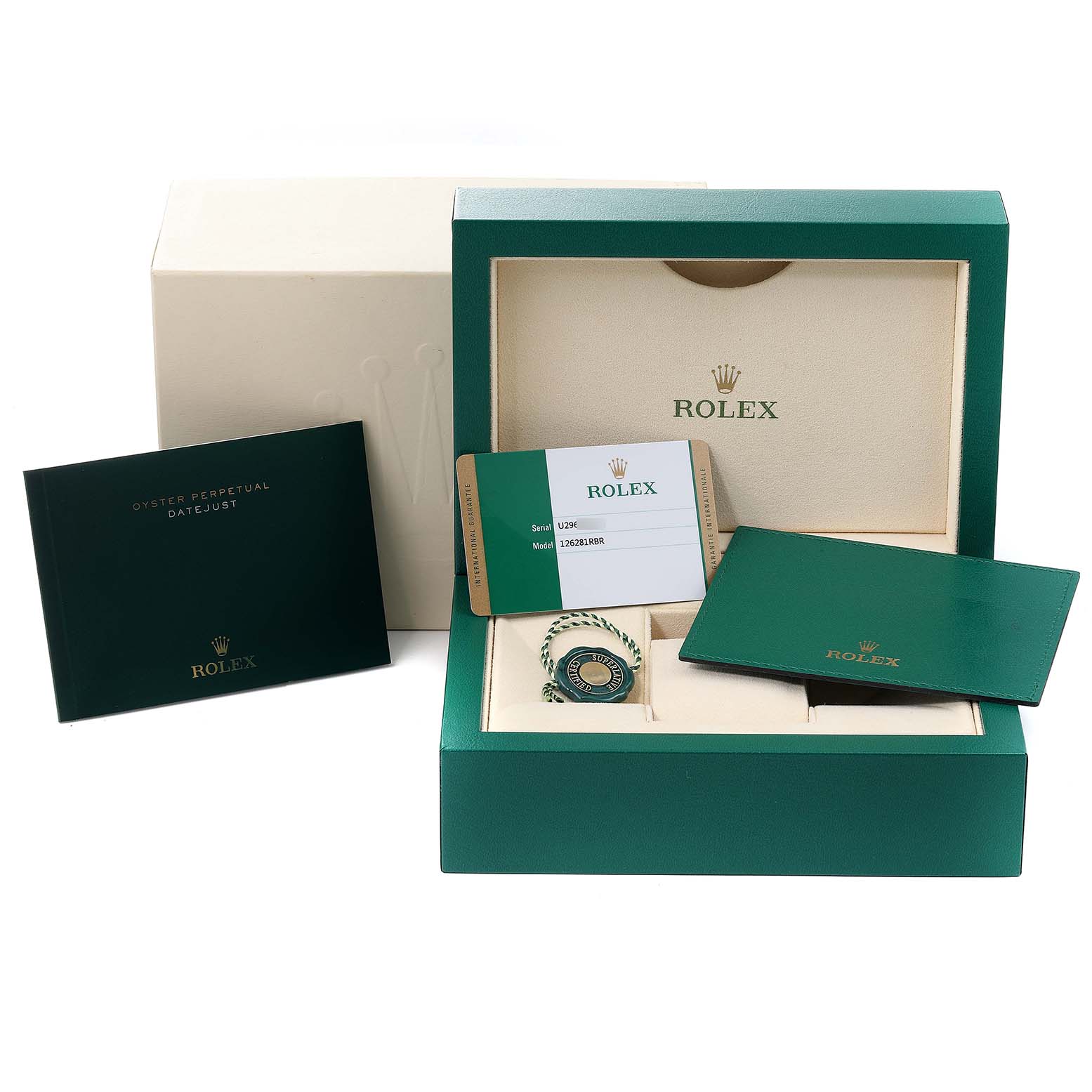 The image shows Rolex Datejust 126281 Men's Steel and Gold (two tone) Mother of Pearl Dial 126281 Men's Steel and Gold (two tone) Mother of Pearl Dial watch packaging, including the box, certificate, tag, and booklet, viewed from the front.