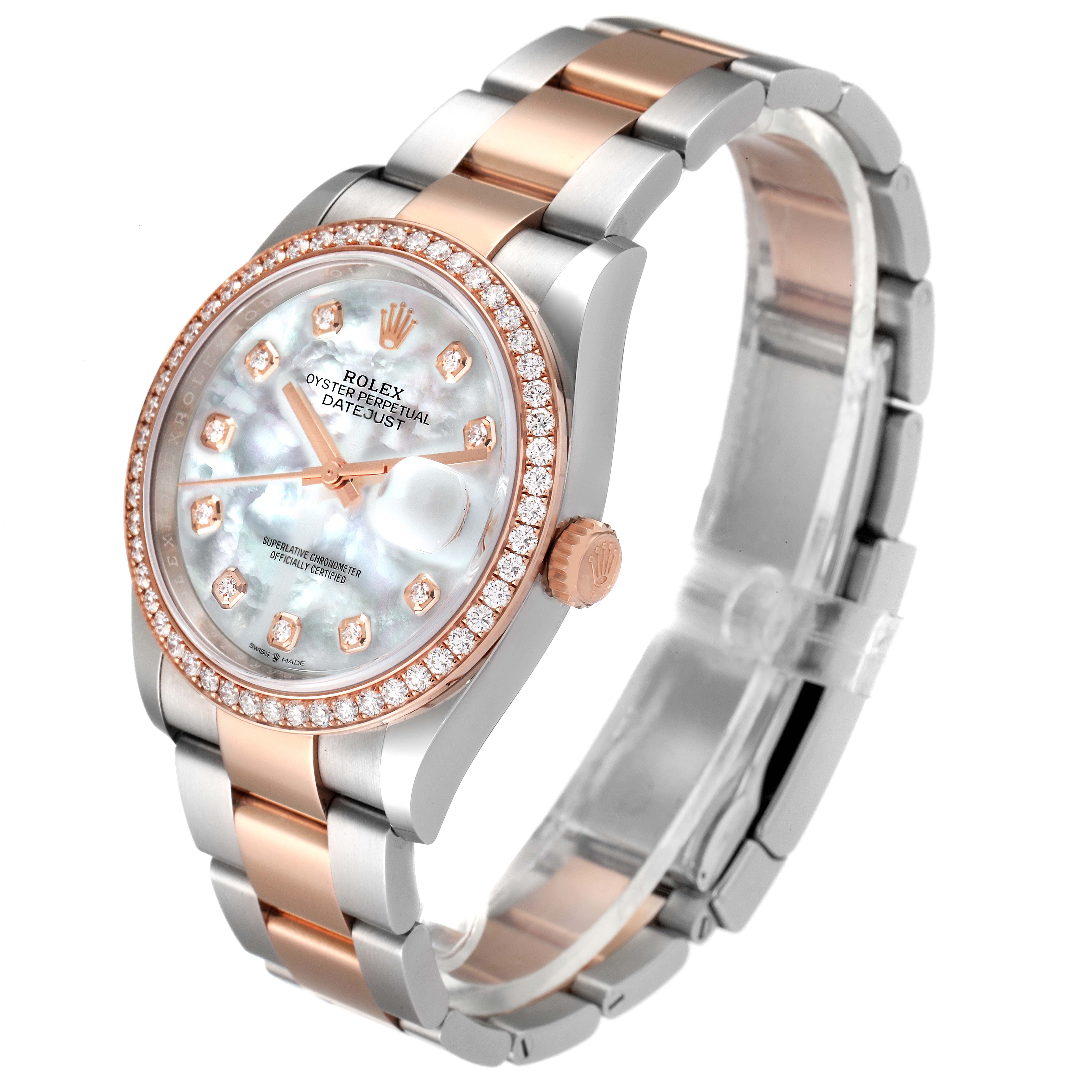 The Rolex Datejust 126281 Men's Steel and Gold (two tone) Mother of Pearl Dial 126281 Men's Steel and Gold (two tone) Mother of Pearl Dial watch is shown at an angle displaying the dial, bezel, crown, and bracelet.