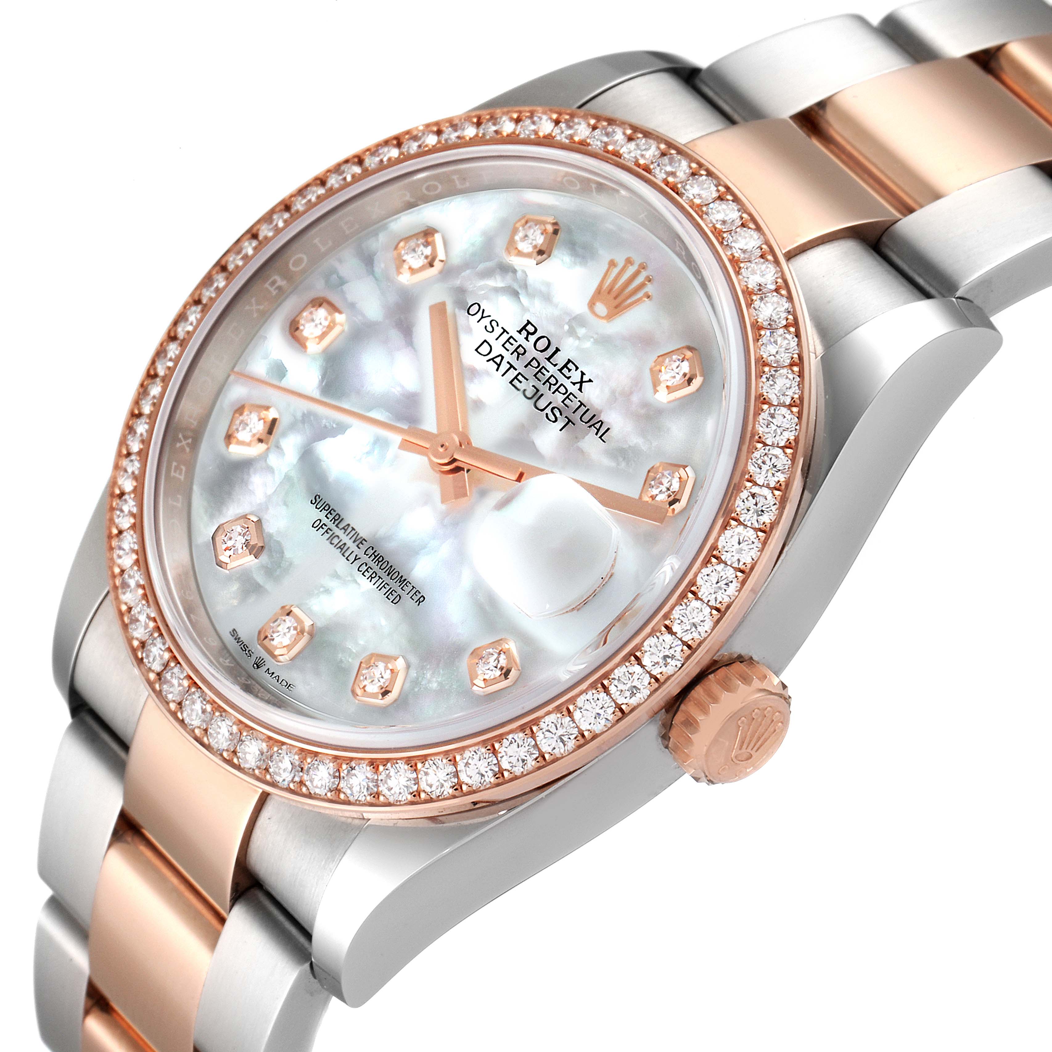 The image shows a close-up of the Rolex Datejust 126281 Men's Steel and Gold (two tone) Mother of Pearl Dial 126281 Men's Steel and Gold (two tone) Mother of Pearl Dial watch, highlighting its dial, bezel, and bracelet from an angled top view.